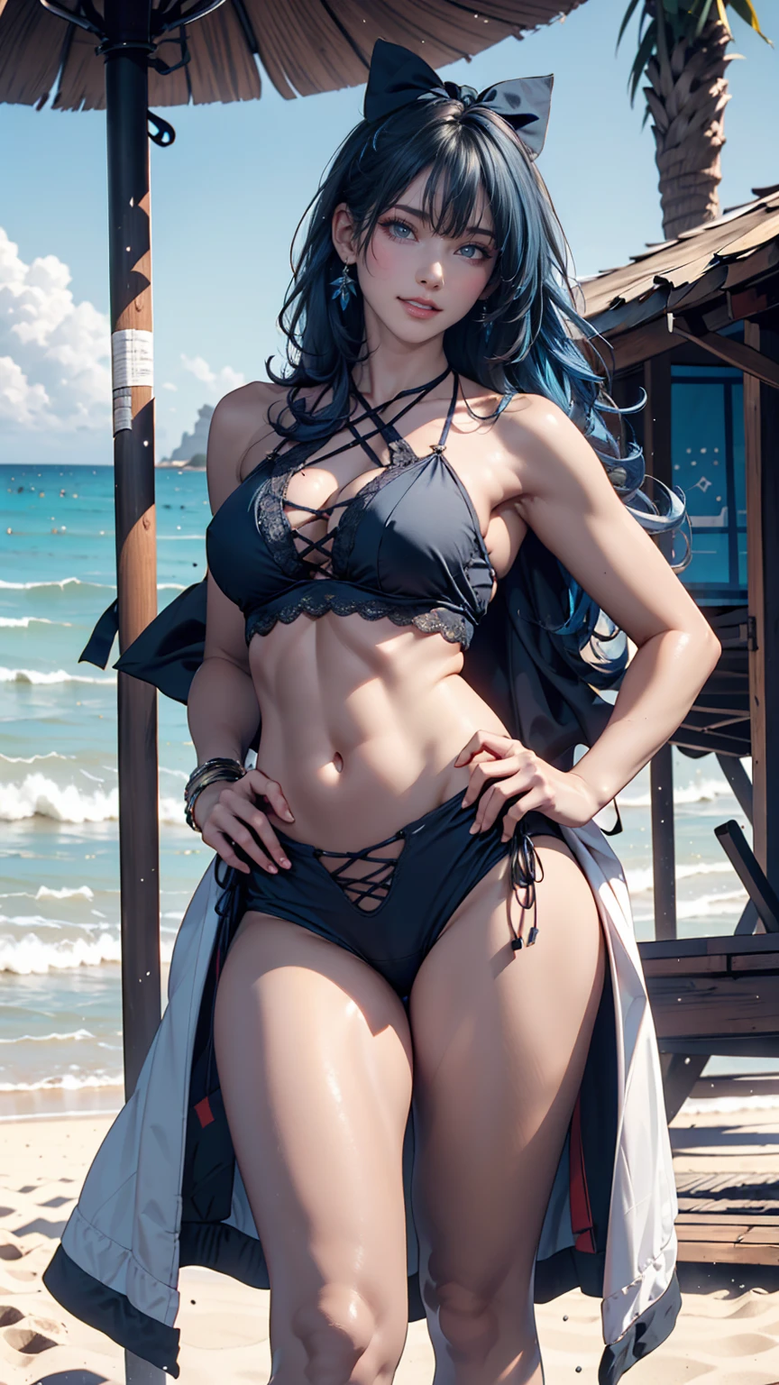 masterpiece, Highest quality, Are standing, Liselotte Cletia, A light smile, Long Hair, Wavy Hair, bangs, Hair between the eyes, Hair Ribbon, blue eyes, (Blue Hair:1), Black Bikini, Beach 、Lace-up sandals、Place hands on hips