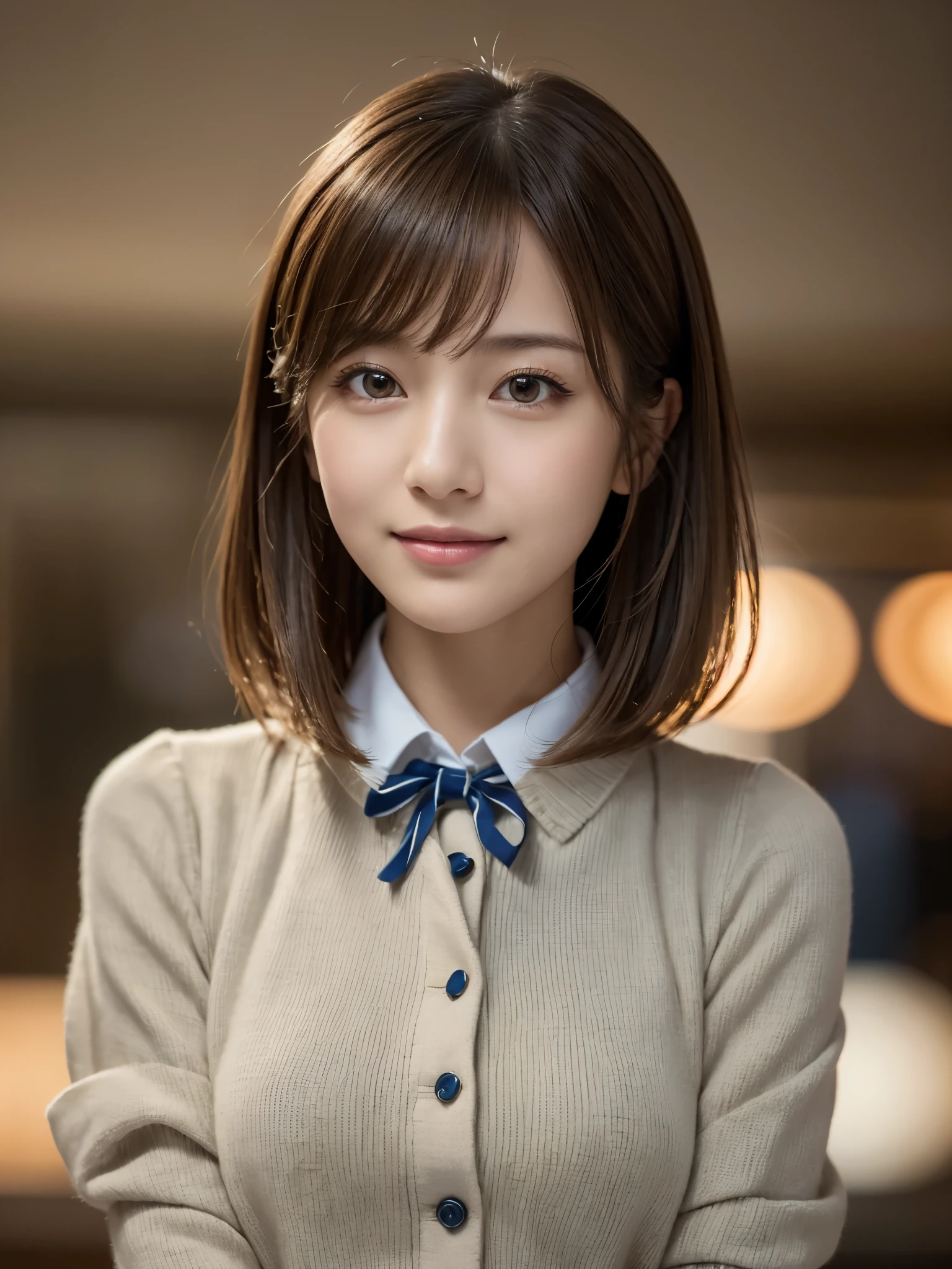 1 cabin attendant,(ANA Uniforms), (RAW Photos, Highest quality), (Realistic, Photorealistic:1.4), Tabletop, Very delicate and beautiful, Very detailed, 8k wallpaper, wonderful, In detail, Highly detailed CG unification, High resolution, Soft Light, Beautiful and detailed 25-year-old beauty, Very detailed目と顔, Beautifully detailed nose, Beautiful attention to detail,Cinema Lighting,Night airport,Perfect Anatomy,Slender body,smile (Bob, My hair is messy, Asymmetrical bangs, Light brown hair,)