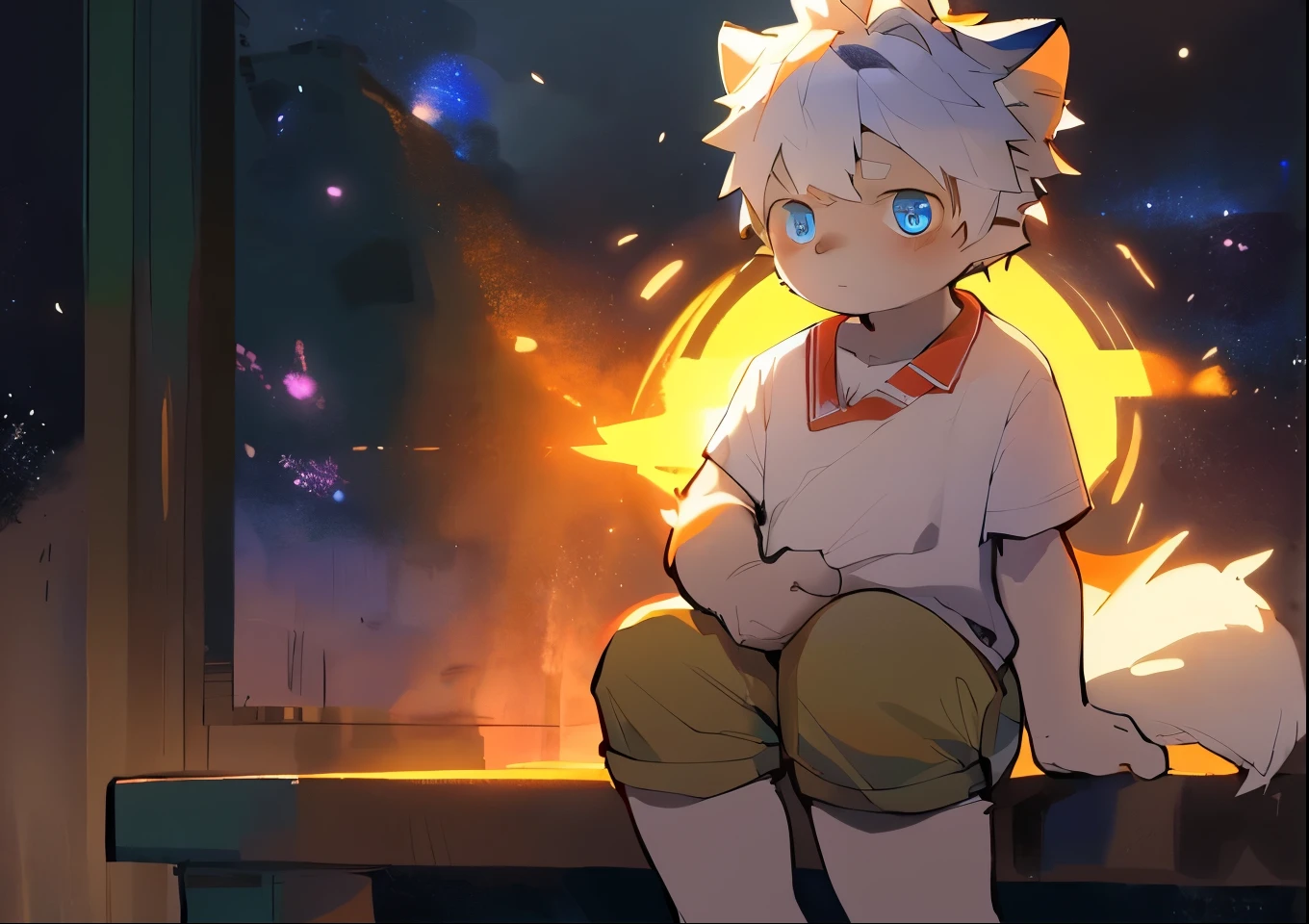 masterpiece, best quality, Perfect anatomical structure, Bright Eyes, Big watery eyes, From milkytiger1145, author:K0BIT0WANI,deep orange moonlight,Dark orange neon lights,night, Wolf hair,,male,dark skin,Lens goggles, Light blue eyes, and a scandividual,Solitary. one person,Sitting, galaxy, outstanding,((Boy,shota)),boy,Pino Deheny, Carney announced, milkytiger1145,