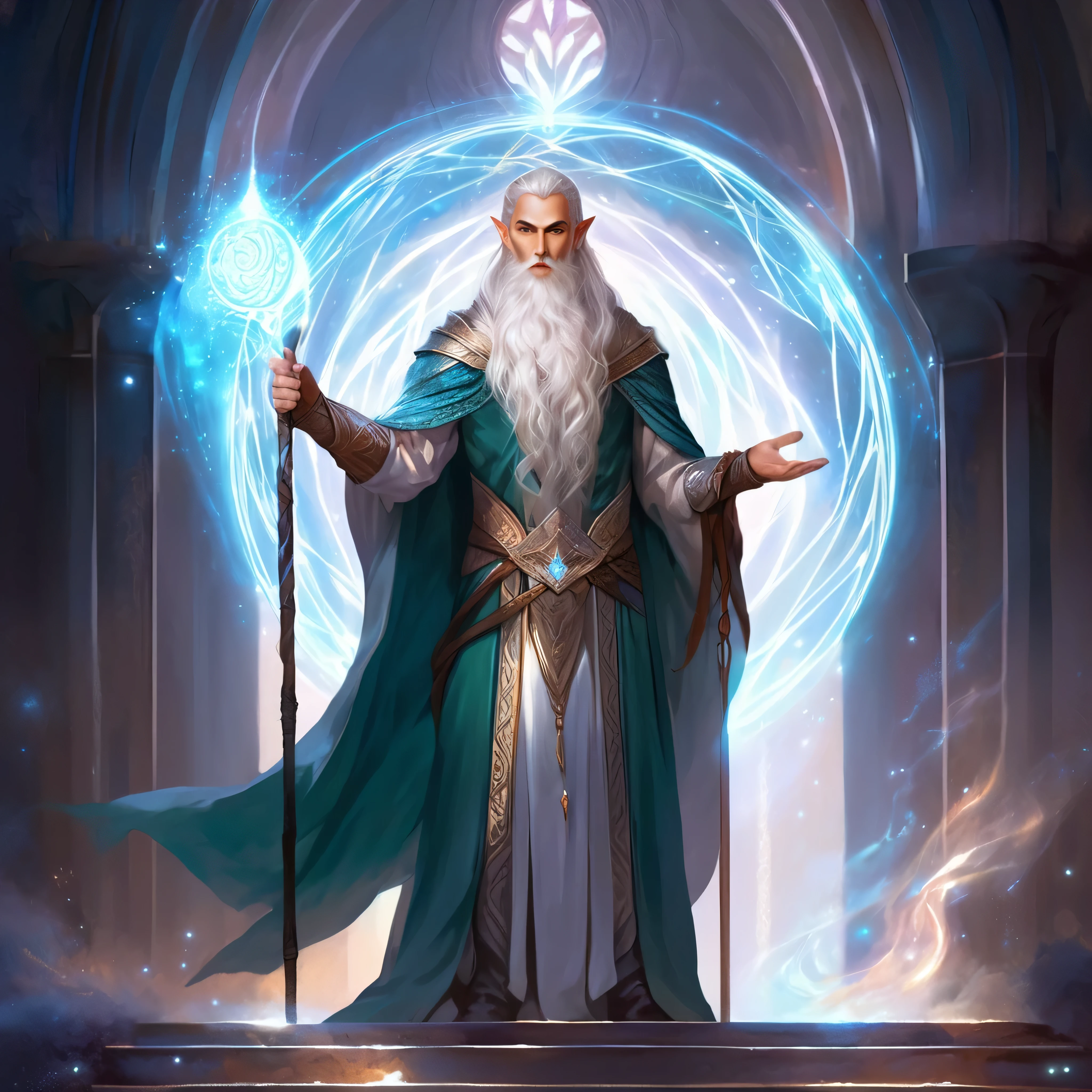 ethereal fantasy concept art of  a brave elf dnd male wizard. magnificent, celestial, ethereal, painterly, epic, majestic, magical, fantasy art, cover art, dreamy, full body shot,  staff in right hand, surrounded by runes of light