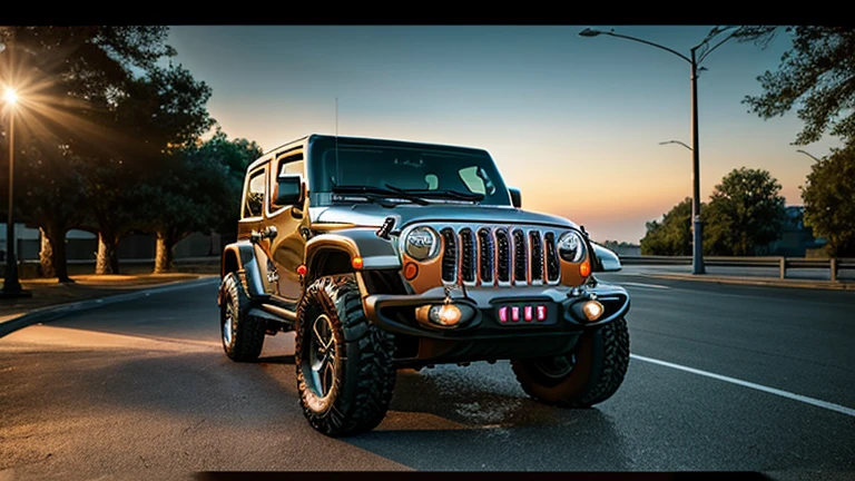 ((Highest quality:1.3)), ((masterpiece:1.3)), ((Detailed Background:1.3)), (8k), (RAW photograph:1.2), (Realistic),(photograph:1.3), (Very detailed), CG, (7ba-jl36s), ((Detailed Jeep Wrangler:1. 3)), ((Detailed Chrysler Jeep:1.3)), ((Detailed car description:1.3)),Highest quality,Ultra-high resolution, Realistic,(Physically Based Rendering:1.3), Cinema Lighting、Complex、Cinematic painting、Cinematic soft light、A pleasant evening、Cityscape、Realistic, Dynamic Angle、
