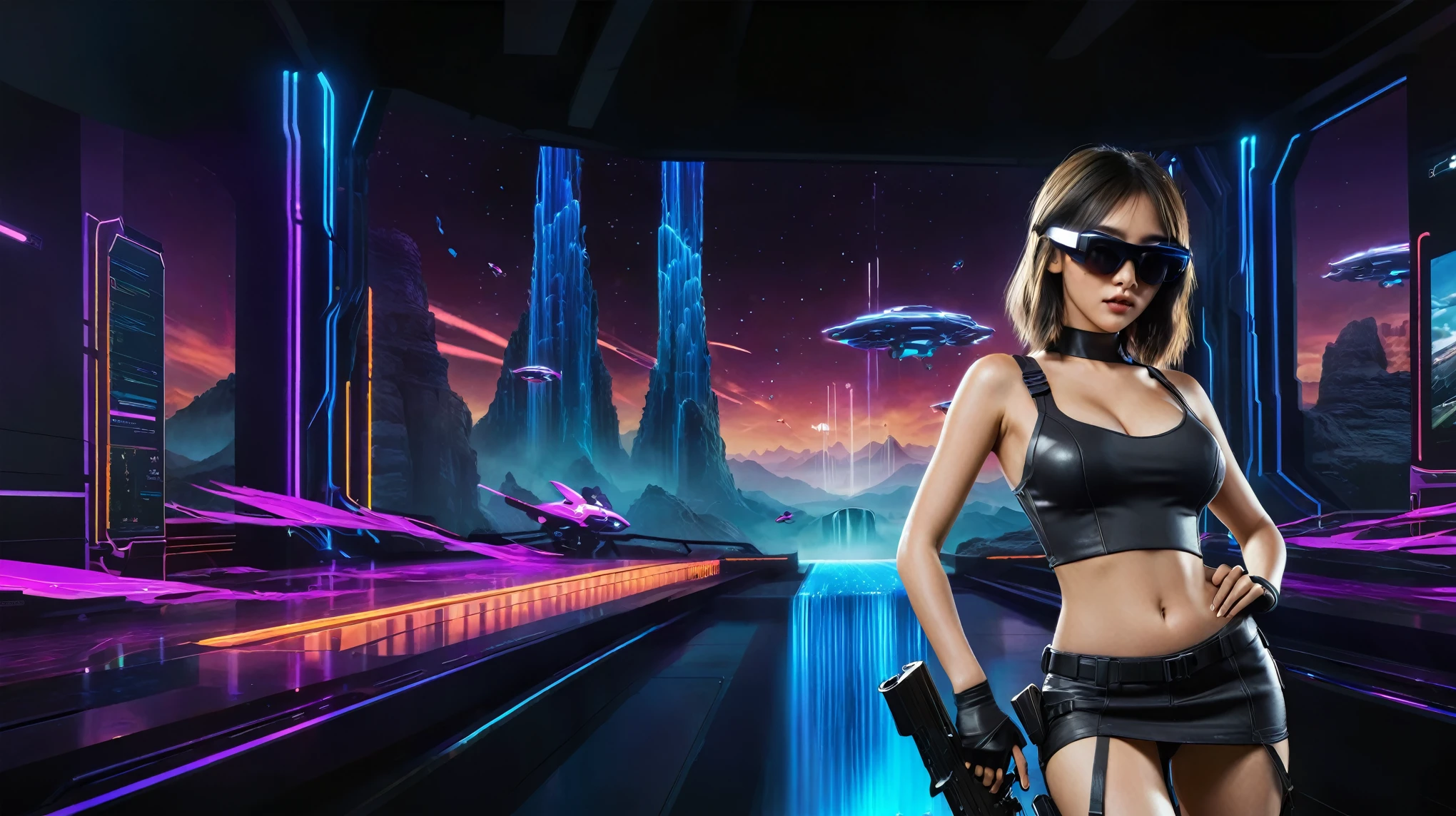 A futuristic sci-fi virtual battle field of war game, shooting range with moving targets, flying vehicle, neon waterfalls. High-resolution OLED GUI interfaces in the building, The windows are filled with transparent data visualization infographics that show it all, from weather patterns to traffic flow, Matrix cascading code. Colors are saturated and vibrant. At night, (1girl, solo), photo realistic, medium-breast:1.3 slim body, cleavage, sling top, miniskirt, (mini VR sunglasses, holding a short gun), half-body thigh level medium shot, cinematic lighting, ray tracing.