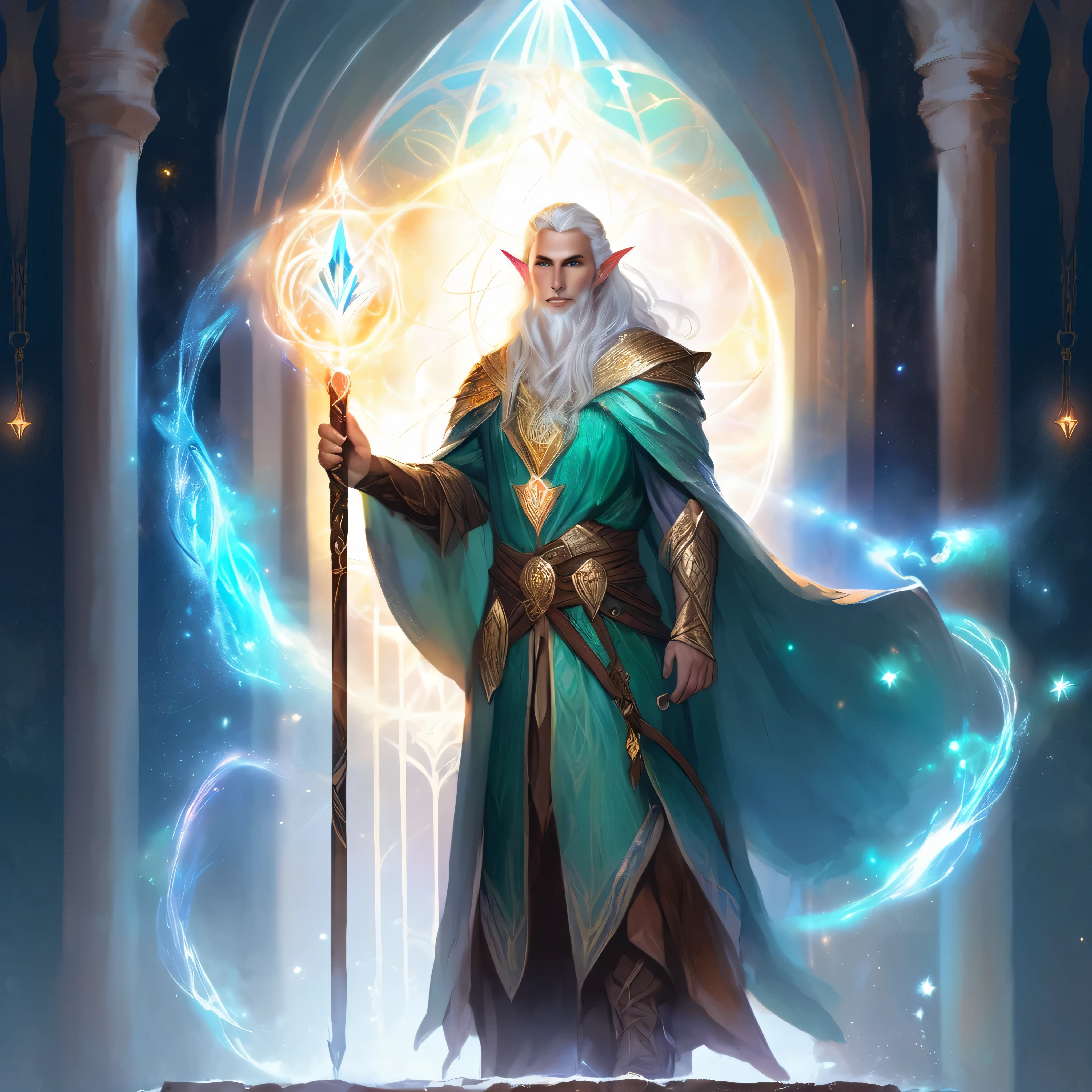 ethereal fantasy concept art of a brave elf dnd male wizard. magnificent, celestial, ethereal, painterly, epic, majestic, magical, fantasy art, cover art, dreamy, full body shot, staff in right hand, surrounded by runes of light