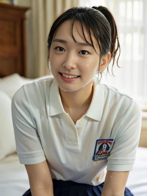 (Masterpiece, Best quality:1.4), (Ultra realistic, Photo-realistic:1.2), Natural light, 28 years old actress, Japanese women, Neat and clean, (Tennis uniform, White short-sleeve polo shirt, Navyblue pleated skirt:1.2), (unbutton:1.3), (Ponytail:1.2), Short wavy hair, Light brown hair color, (Beautiful Face), Oval face, clear, (Beautiful eyes, Kind eyes), (Wet skin:1.4), Clear skin, Small face, (Small mouth), (Beautiful mouth), Natural makeup, Approachable, Luxury hotel Suite room, On bed, Seductive smile, (Seductive pose:1.2), Beautiful thighs, (Bedroom eyes), (nsfw:1.1), (ecstasy), (lesbian couple), (petting together:1.2), obscene reality of girls, Pussy juice stain, (erotic pose:1.2),