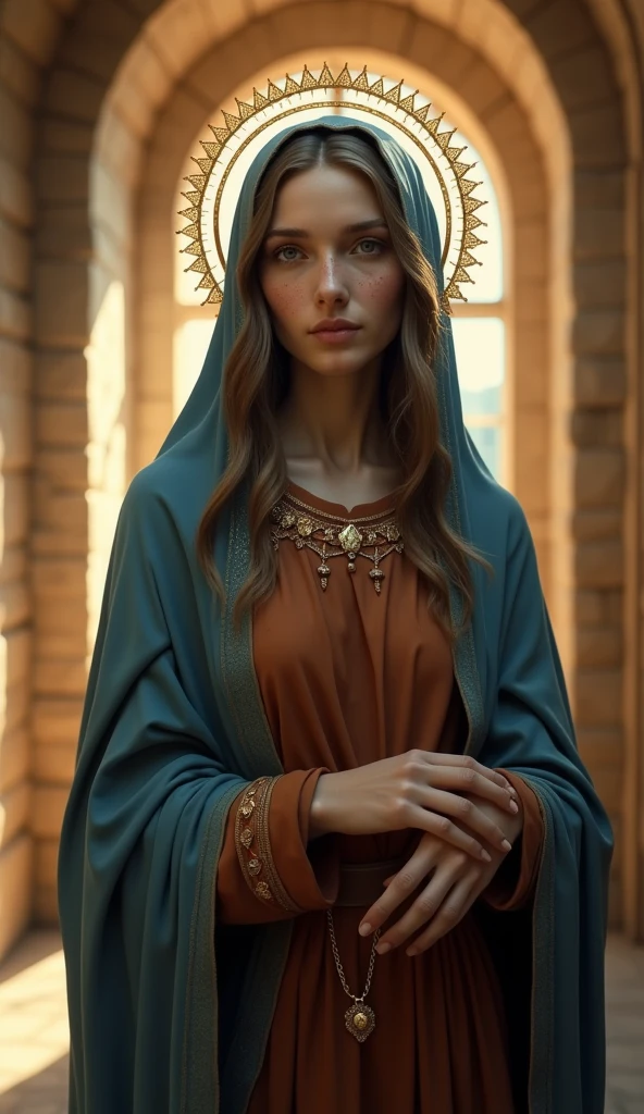 highres,4K,HDR,beautiful Virgin Mary, ancient Israeli female, halo, photorealistic, realistic,sweat skin, thin face,standing,(((half body))), small breasts, rust-colored tunic, Blue cloak and veil, in chapel