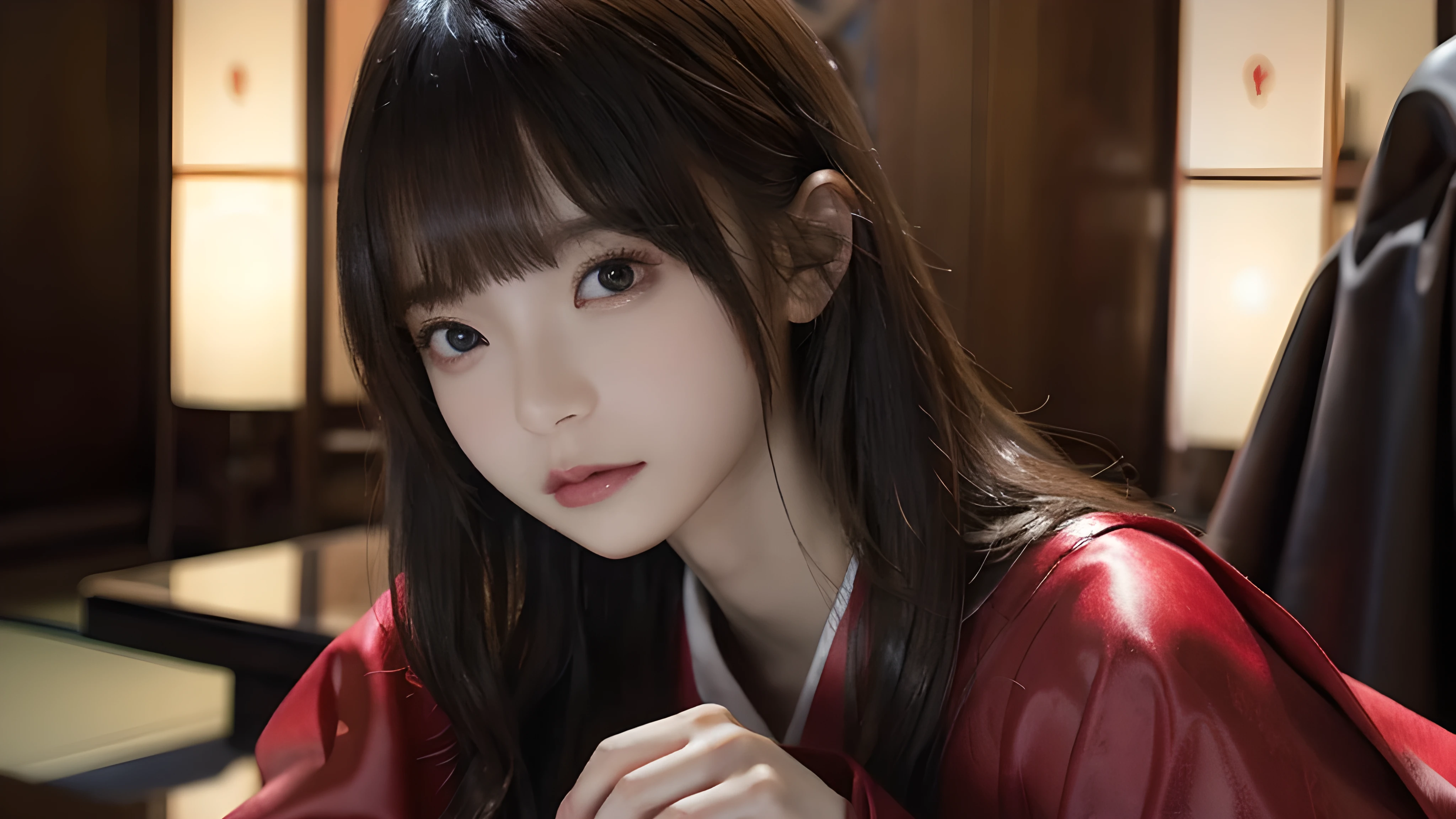 masterpiece, 1. Beautiful Japanese woman, Delicate eyes, swollen eyes, Top quality, 超high resolution, Movie Lighting, Japanese, Beautiful Skin, Slim, (Surrealism), (high resolution), (8K), (Ultra Detailed), Detailed face, Bright Lights, Professional lighting、Facing forward、The background is a cityscape of London、Background blur、short hair、Hair color is brown、The clothing is black gothic style 、Black feather、A bright red apple floats in the air、The composition is above the waist、