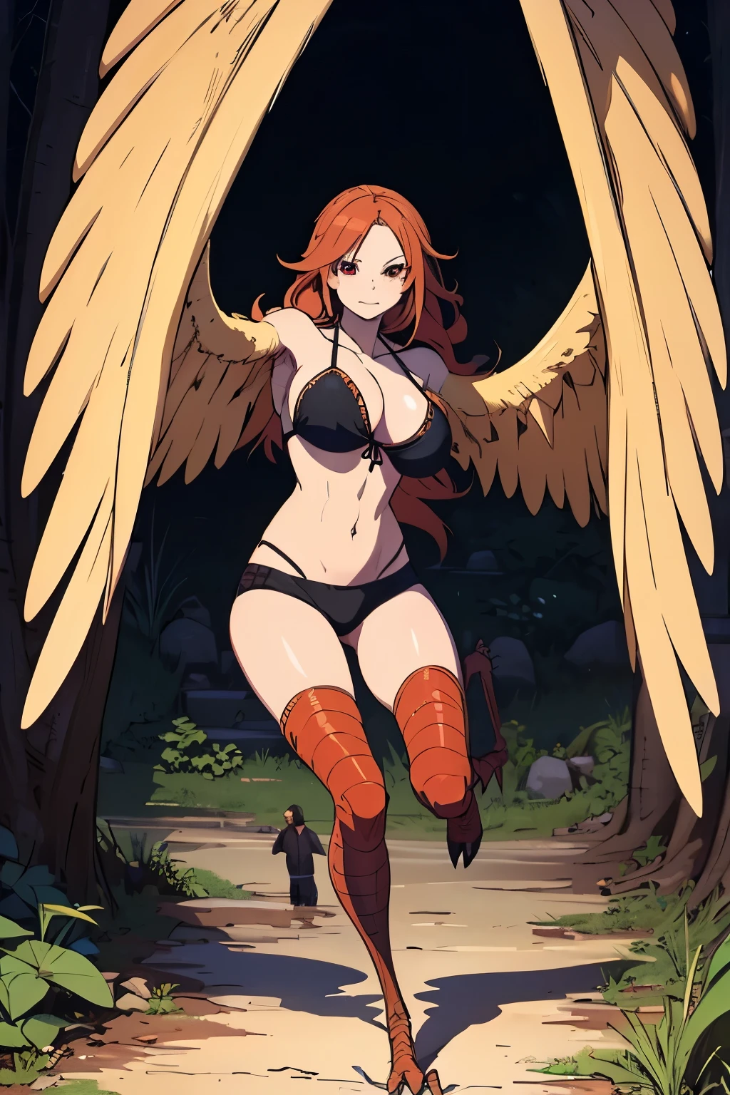 beautiful, work of art, best quality, extremely detailed face, perfect lighting, winged arms, red wings, harpy, long hair, black hair, red eyes, 1 girl, short shorts, top cut, bikini, big breasts, full body shot, nature background