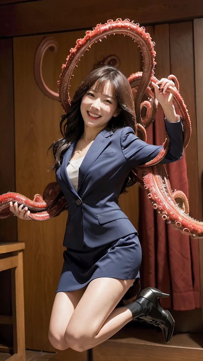 Highest quality、masterpiece、Ultra-high resolution、(Realistic:1.4)、Downtown Tokyo、woman、タコの触手から逃げるwoman、Full of tentacles、(((Jump and spin)))、Grin、beautiful woman、suit、skirt、High heels