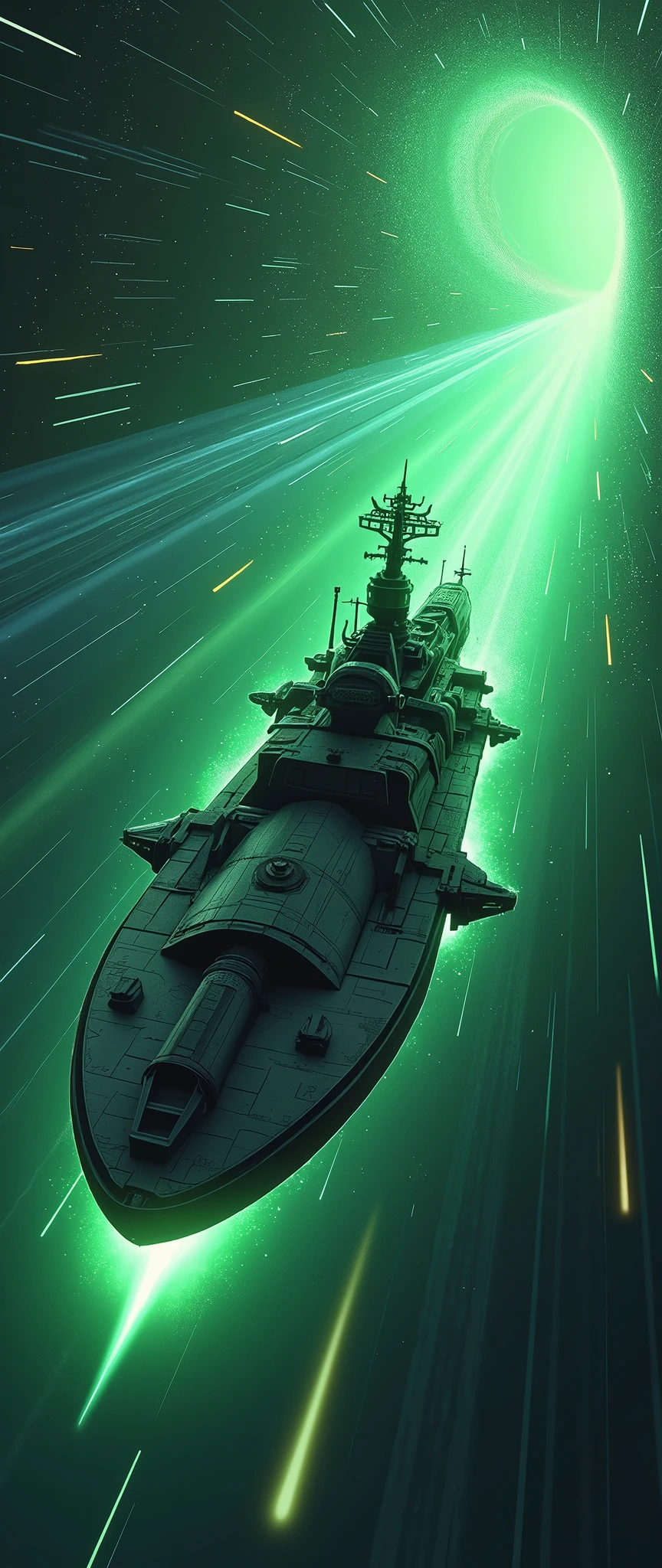 (masterpiece:1.2,Distinguished Quality,Anime Style:2.0,Cinematic Experience),8k,wallpaper,(Best illustrations:2.0),(A battleship-shaped spaceship performs warp travel.:2.0),(sf:2.0),(A streamlined spaceship resembling the Yamato battleship:2.0),(dynamic),(Beautiful particles of light are emitted from the wave engine at the stern.:2.0),(Representing superluminal speed with a beautiful emerald green line of light.:2.0),(((The background is a wormhole and subspace.:2.0))),(Motion Blur)