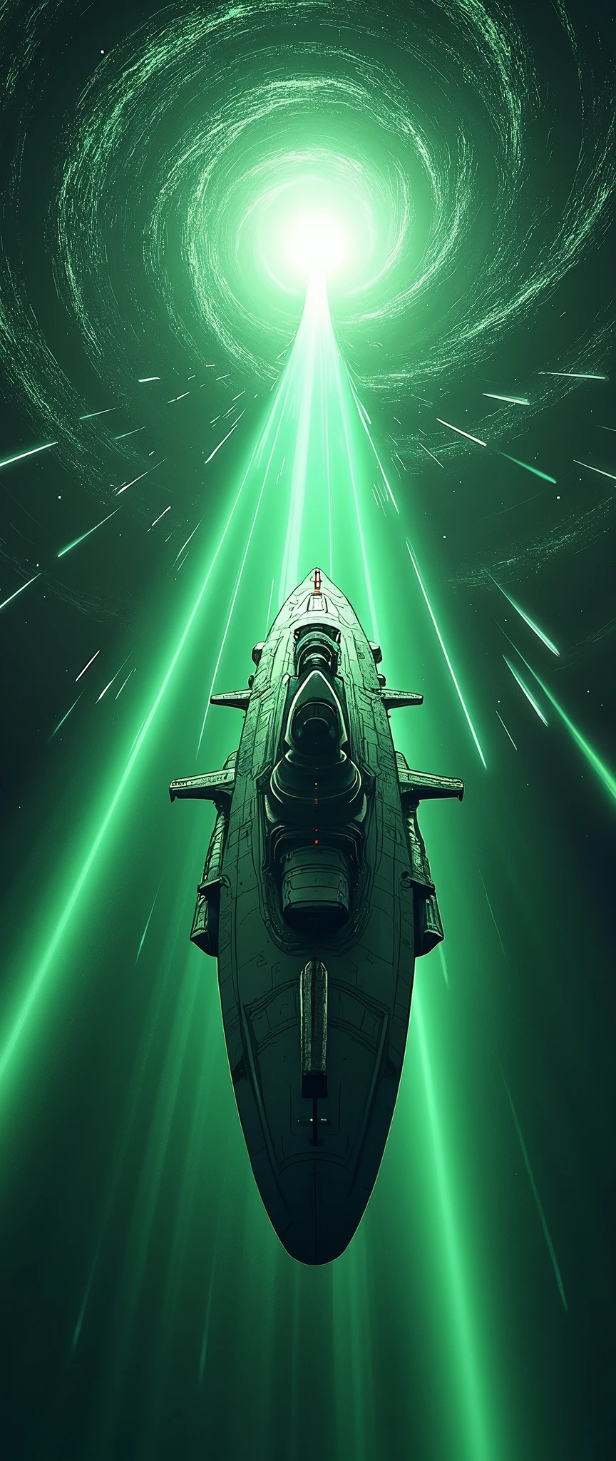 (masterpiece:1.2,Distinguished Quality,Anime Style:2.0,Cinematic Experience),8k,wallpaper,(Best illustrations:2.0),(A battleship-shaped spaceship performs warp travel.:2.0),(sf:2.0),(A streamlined spaceship resembling the Yamato battleship:2.0),(dynamic),(Beautiful particles of light are emitted from the wave engine at the stern.:2.0),(Representing superluminal speed with a beautiful emerald green line of light.:2.0),(((The background is a wormhole and subspace.:2.0))),(Motion Blur)