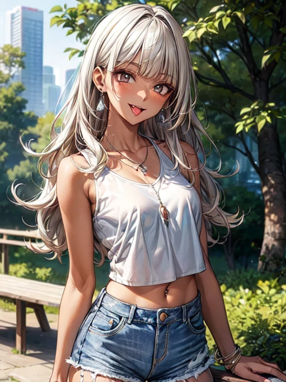 ((masterpiece, Highest quality, Very detailed)),
cowboy shot,
left to right balance, Perfect Hands,beautiful hands, Perfect Fingers,beautiful fingers, Perfect Limbs,Perfect Body,Correct Human Body, beautiful eyes, (face light:1.2), looking at viewer,
One girl, 20 yers old, gyaru, full makeup, BREAK ((brown skin:1.3)), ((tanned skin:1.3)), blonde, Long Hair, blunt bangs, wavy Hair, BREAK ((grey eyes)), Thick thighs, medium breasts, cowboy shot, evil smile, ((open mouth)), ((tongue out)), ((lots of pierced earrings)),
randam porn pose,
BREAK white cropped oversized tank top, bare belly button, silver chain necklace, silver bracelet , BREAK (blue damaged denim shorts),
forest park during the day, in the forest, a well-maintained path, a bench visible in the distance,