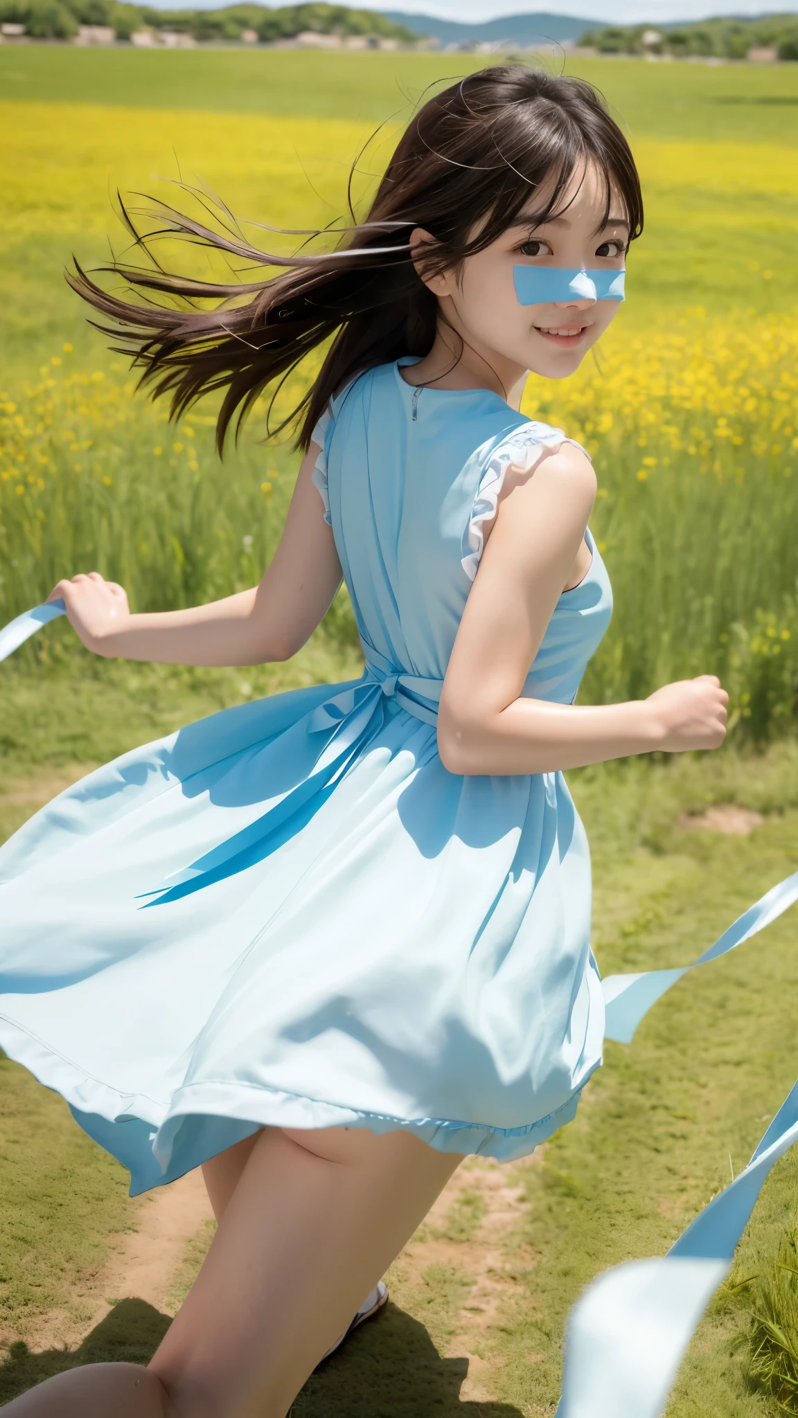 Her hair is black and short、15 years、Small face、Watery eyes、Natural Makeup、(Rear view、Buckshot、Chasing after her from behind)、((She turned around:1.3、Look straight at your audience))、A light smile、Her face is round and cute、(My hair and dress are blowing in the wind.)、Small feet、White Sandals、Ribbons on the ankles、(running in the meadow と:1.3)、scene:There is a beautiful scene floating in the background.、blue sky, White cloud, Green meadow and colorful flowers、The scene is softly painted like a watercolor painting.、that'What a wonderful atmosphere!、The scene expresses the imagination and sensibility of the girl ,more_become close:1.5, (More and more_become close:1.9)、(((Off-the-shoulder knit dress)))、Floral、(Detailed eyes and face:1.2, Professional photography techniques)、(The right move)、(Perfect Anatomy:1.3)、(The right moveと足)