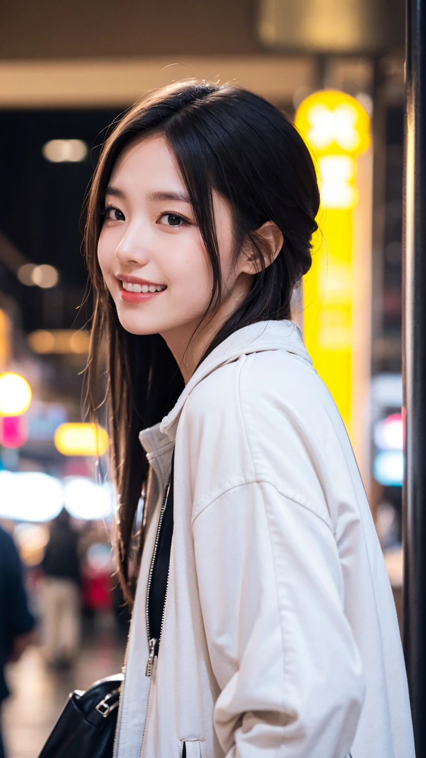 masterpiece, Highest quality, Highest quality, beautiful girl, Cute Face, 8k, Official Art, RAW Photos, When going out in the city during the hot season, please wear cool clothes., profile, thin, Teen, Face Light, Film Grain, chromatic aberration, Sharp focus, Very happy smile, Show me your little teeth, Dynamic Lighting, Cinema Lighting, Photo of your face, Upward glance