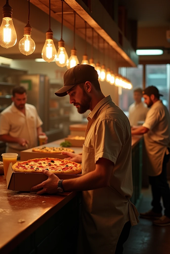 "A cozy small-town pizza shop interior in the evening. The shop is bustling with activity, with pizzas being made in the background. A nervous delivery guy named Max is standing at the counter, holding a pizza box and glancing anxiously at a delivery slip with a spooky mansion address. The staff members in the background are laughing and hinting at the mansion's eerie reputation. The atmosphere is warm but slightly chaotic."