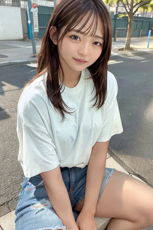 (skin blemish:0.8), (skindentation), black eye, 1woman, 25yo, (((woman))), solo, realistic, best quality, photorealistic, masterpiece, 8k, high res, solo, extremely detailed face, (professional lighting, bokeh), (light particles, lens flare, glowing particles:0.6), (dynamic pose:0.8), soft lighting, top angle view, fashionable and trendy atmosphere, Japan, tokyo, playground, street, city, shop, river, ((daytime)), sky, ((looking at the viewer:1)), (looking at the camera),(portrait:0.6), cowboy shot, gorgeous, sitting, hands down, keep original facial proportion, wide shoulder, full body, (medium breast), (long hair), brown hair, floating hair, lips, lipstick, seductive smile, floating hair, smile, open_mouth, teeth, T-shirt, round neck T shirt, shorts, jeans, eyelashes, mole, (mole under eye:1),
