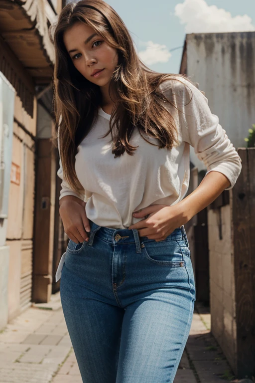 beautiful woman, Brown-haired, naive, sslim, in enger Jeans, Urgent need to pee, desperate, Hands tucked into crotch