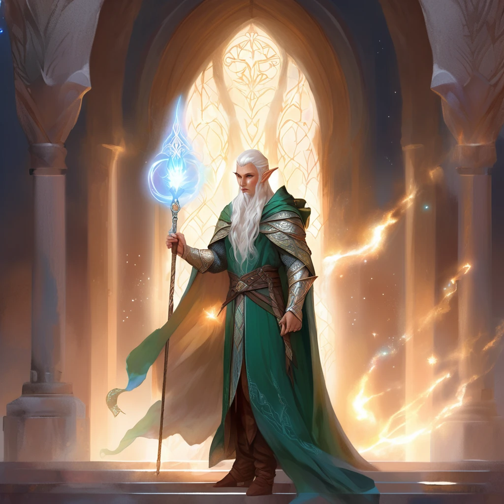 ethereal fantasy concept art of a brave elf dnd male wizard. magnificent, celestial, ethereal, painterly, epic, majestic, magical, fantasy art, cover art, dreamy, full body shot, staff in right hand, surrounded by runes of light, clean shaven