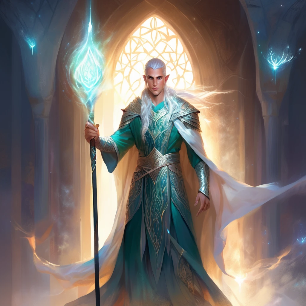 ethereal fantasy concept art of a brave elf dnd male wizard. magnificent, celestial, ethereal, painterly, epic, majestic, magical, fantasy art, cover art, dreamy, full body shot, staff in right hand, surrounded by runes of light, clean shaven