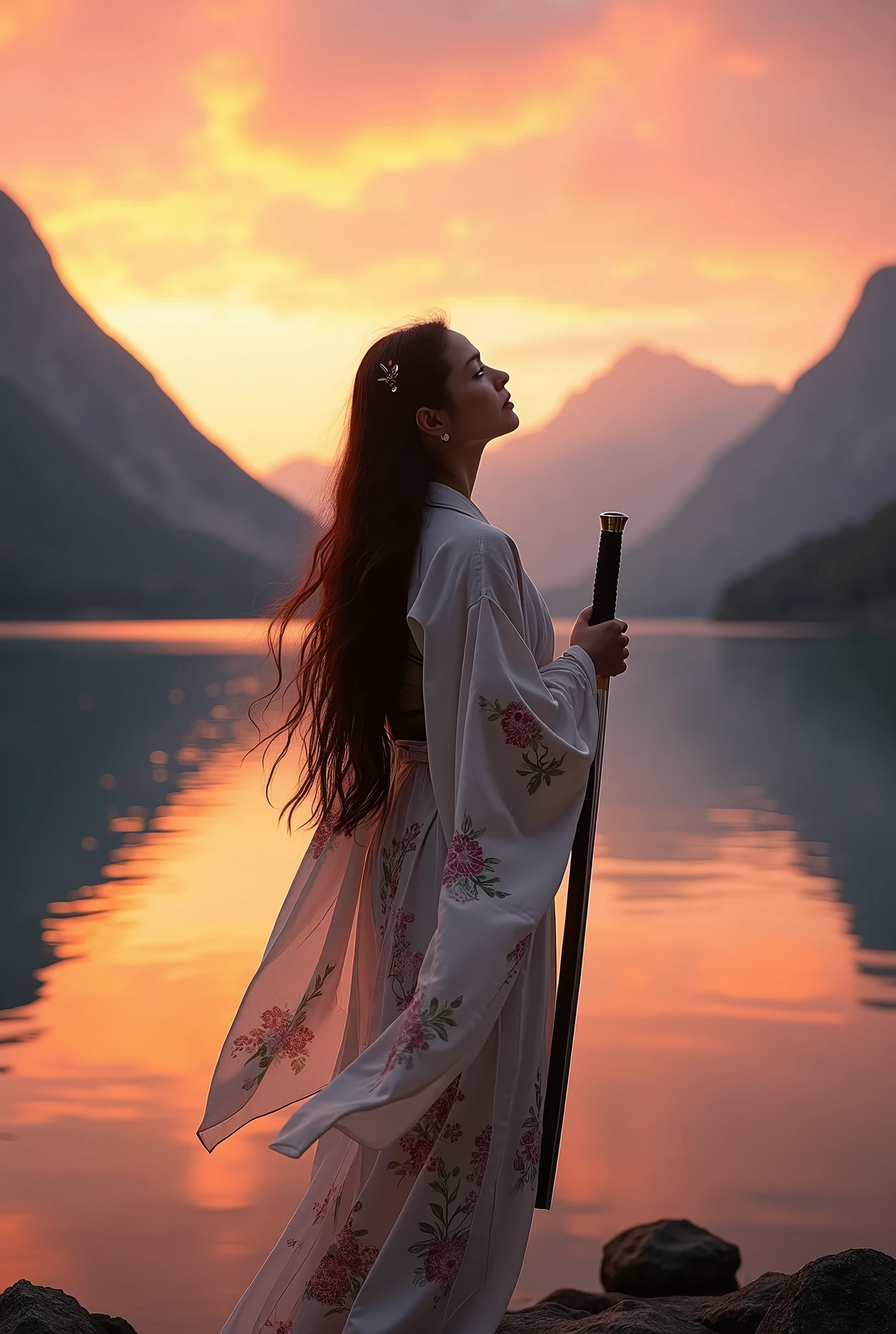 Generate a realistic scene of a woman standing by the edge of a peaceful lake at sunset, surrounded by mountains. She is dressed in traditional kimono-style clothing, holding a sheathed sword with both hands in front of her. Her face is gently tilted upward as she gazes at the sky with a calm, contemplative expression. The sun is low on the horizon, casting warm golden light across the lake and the scene. Her long hair is down, flowing softly around her shoulders. The composition is horizontal, highlighting the serene beauty of the landscape and the tranquility of the moment.