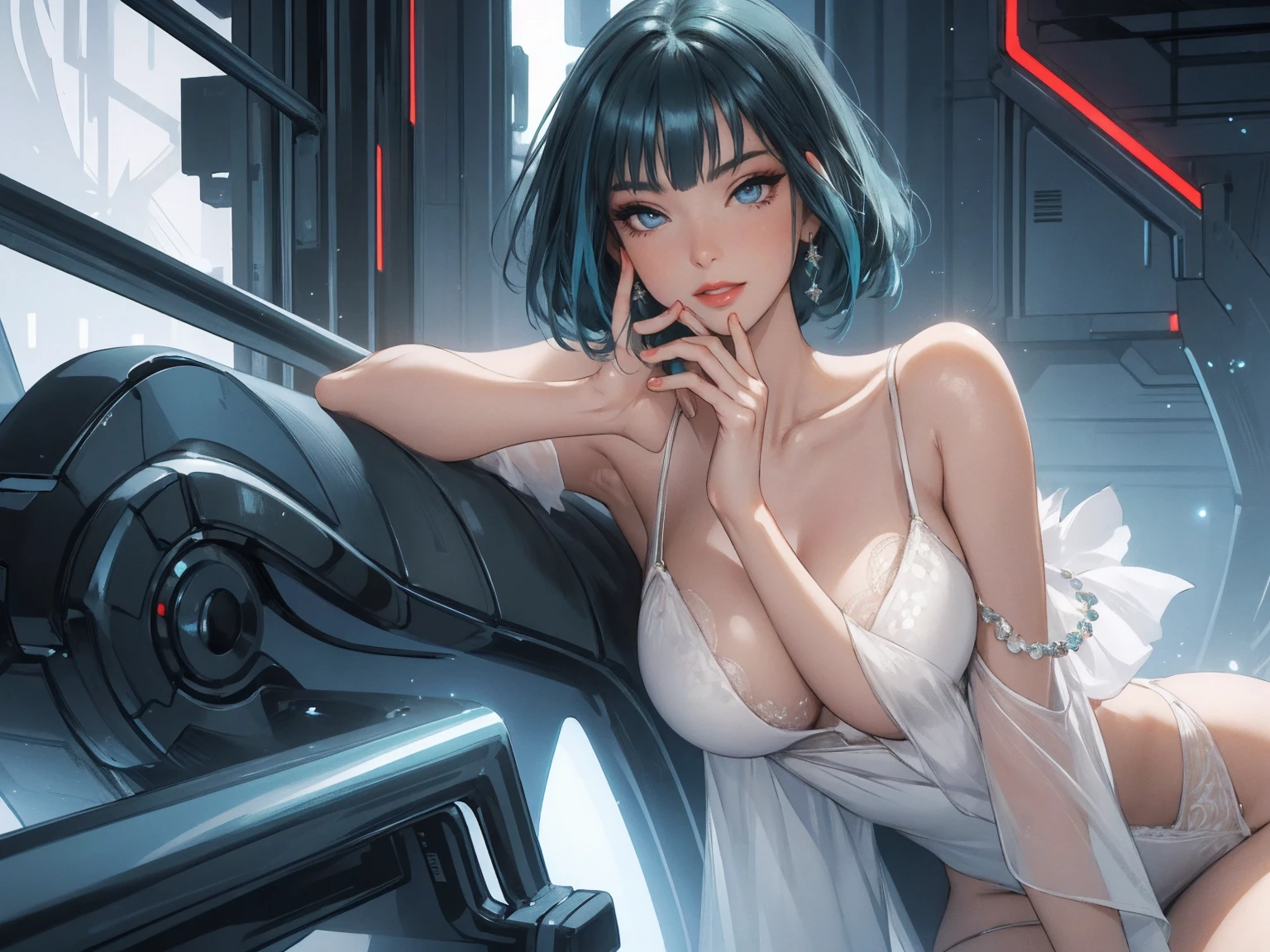 1girl,a beautiful fashion model ,(masterpiece, detailed background, best quality),short and shiny hair, blue green hair, hair with highlights, bangs, smirk,juicy lips,red lips, calmart, lingerie, stripping, elegant makeup, blue eyes, full body shot, (shiny skin), cyberpunk, sci fi, boa, extravagant jewelry, cocky expression, covered in jewelry, fancy, white dress, ((hand covering mouth, smug, discrete laughter)), laying on side, loounging
