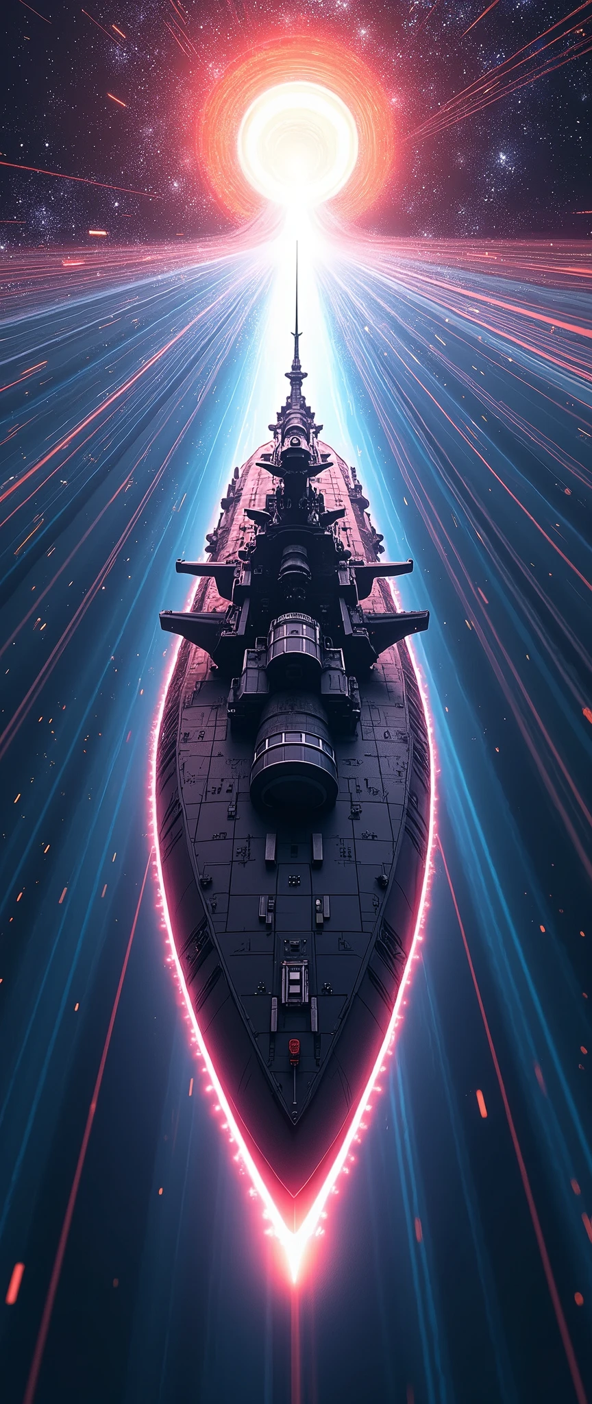(masterpiece:1.2,Distinguished Quality,Anime Style:2.0,Cinematic Experience),8k,wallpaper,(Best illustrations:2.0),(A battleship-shaped spaceship performs warp travel.:2.0),(sf:2.0),(A streamlined spaceship resembling the Yamato battleship:2.0),(dynamic),(Beautiful particles of light are emitted from the wave engine at the stern.:2.0),(Expressing superluminal speed with beautiful lines of seven colors of light:2.0),(((The background is a wormhole and subspace.:2.0))),(Motion Blur)