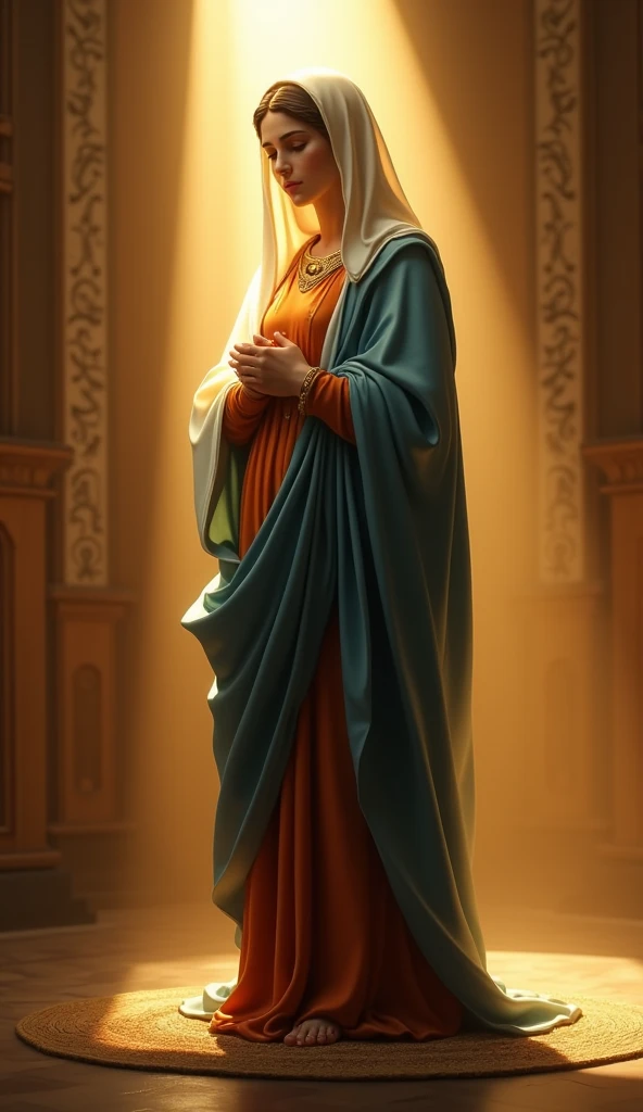 highres,4K,HDR,beautiful Virgin Mary, ancient Israeli female, golden aura, photorealistic, realistic,sweat skin, thin face,standing,(((half body))), small breasts, rust-colored tunic, Blue cloak and veil, in chapel