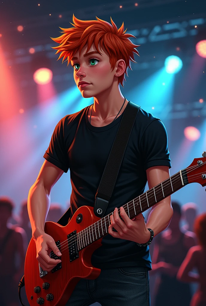 Red-haired, green-eyed boy who likes to play music, He's  and goes to North Black Panther High School, he's very independent and intelligent, very masculine, and has a very defined body, and he is very white, he has big arms and a very worked abdomen, he is 1.92, He likes rock and his skin is very light colored.