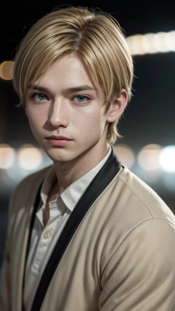1 boy, High resolution, best quality, High details, short-long hair, blonde hair, green eyes, simple backround, Sparkle effect, Background blur, Japan people, dark/brown skin,bold, police officer