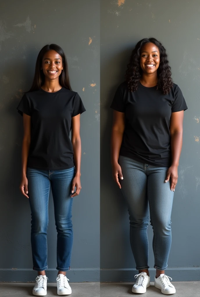 Create a split-image of the same brown skinned woman shown side by side against a plain white background to illustrate a before and after transformation. In the 'before' image on the left, depict the woman as shorter and wearing a plain black T-shirt and jeans. In the 'after' image on the right, show the same woman taller, wearing the same black T-shirt but with casual pants instead. Both images should have the woman smiling and looking directly at the camera, with a noticeable difference in height and presence. The background should be minimalist with natural lighting, the background walls having stains on it, the wall having dark grey color, the walls on both sides looking the same, highlighting the transformation