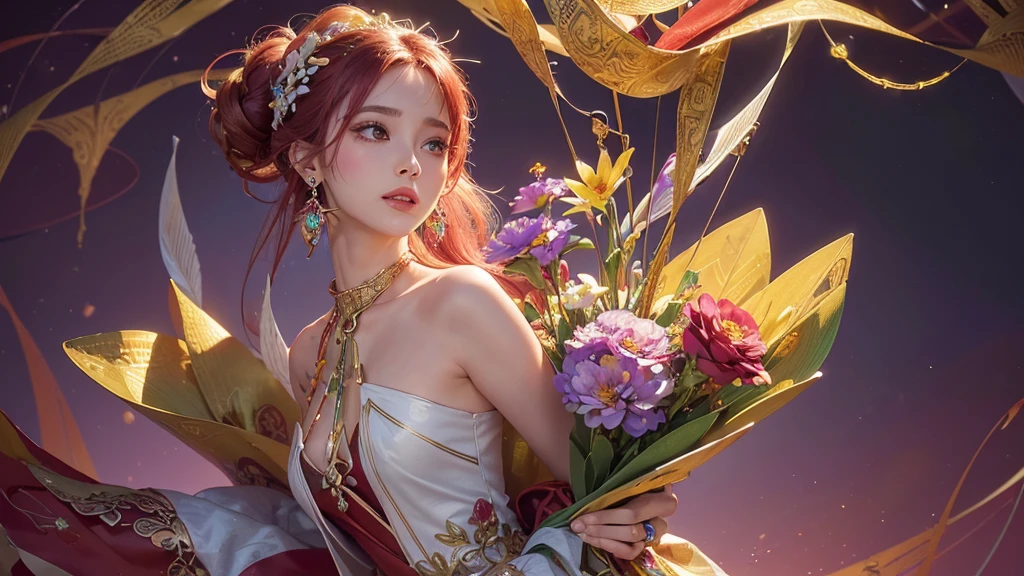 32K, 最高quality, 最高masterpiece, (ultra-Detailed Background, Detailed Background), High resolution, Super detailed, Very detailedな, 1 personの, (bouquet:1.3), (Tangled:1.2), (Geometric:1.2),(colorful),(masterpiece, quality, best quality, Official Art, Beautiful and beautiful:1.2), (1 person:1.3), Very detailed,(colorful:1.1)(Flowers:1.3),Most detailed,(Tangled:1.2), whole body, (Abstract background:1.3), (Skin glows), (Many colors:1.4), ,(Earrings Jewelry:1.5), Pale Red Background, It's imaginative., Milk tea colored hair, Updo,