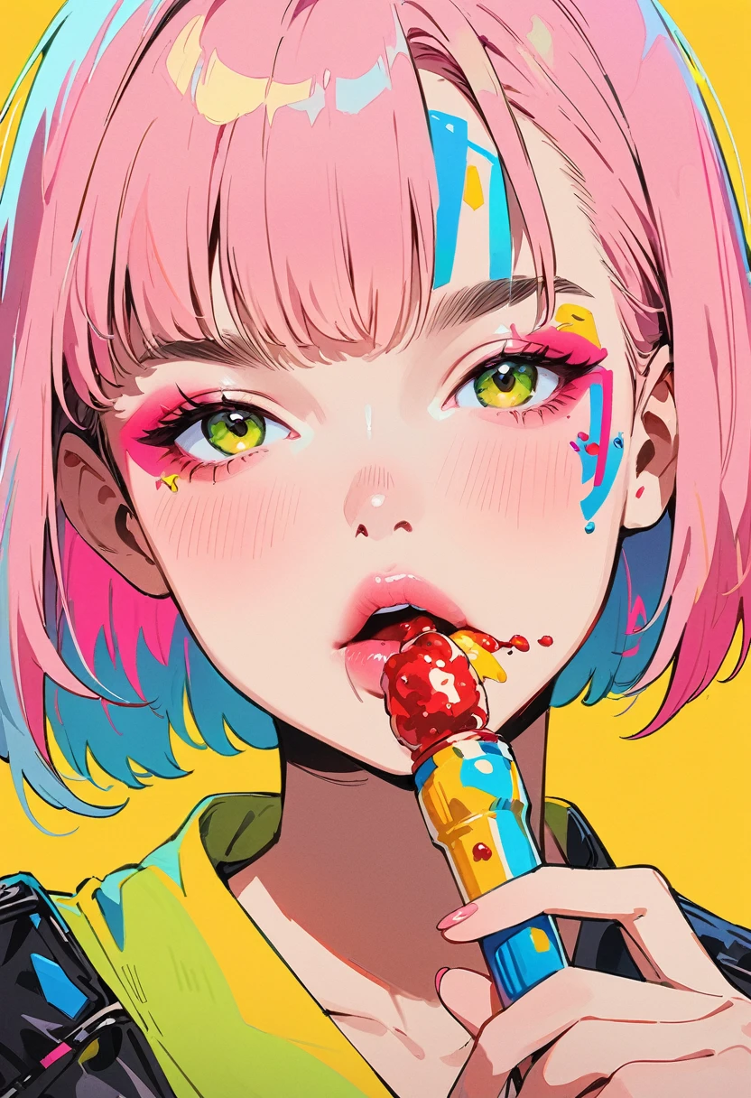(masterpiece, Highest quality:1.4), 1 person, alone, Anime Style, colorful students, Blurred vision, Eating a Chupa Chups, Pink lower lip, Cyberpunk Makeup, Asymmetrical short hair in a color between red and pink., Asymmetrical short hairstyles, Long bangs on one side, Color Highlights, Black off-the-shoulder leather jacket, Pure Yellow Background.