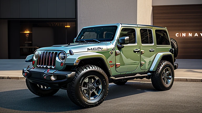 ((Highest quality:1.3)), ((masterpiece:1.3)), ((Detailed Background:1.3)), (8k), (RAW photograph:1.2), (Realistic),(photograph:1.3), (Very detailed), CG, (7ba-jl36s), ((Detailed Jeep Wrangler:1. 3)), ((Detailed Chrysler Jeep:1.3)), ((Detailed car description:1.3)),Highest quality,Ultra-high resolution, Realistic,(Physically Based Rendering:1.3), Cinema Lighting、Complex、Cinematic painting、Cinematic soft light、A pleasant evening、Cityscape、Realistic, Dynamic Angle、