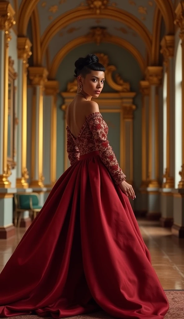 a baroque hall, a self-pompous rapper with a baroque buzzcut hairstyle, rapping elegantly in her chambers, baroque style formally decorated in English heritage style, ultra-detailed, 8k, photorealistic, masterpiece, vivid colors, dramatic lighting, chiaroscuro, dramatic shadows, volumetric lighting, high contrast, intricate details, opulent, lavish, ornate, luxurious, exquisite, elegant, sophisticated, regal, majestic, grandiose, sumptuous, magnificent, resplendent, stately, imposing, monumental, palatial, baroque architecture, arched ceilings, ornate moldings, gilded accents, rich fabrics, plush furnishings, dramatic poses, intense expressions, effortless flow, mesmerizing movements, compelling performance, captivating energy, hypnotic flow, virtuosic delivery, unparalleled skill, masterful technique