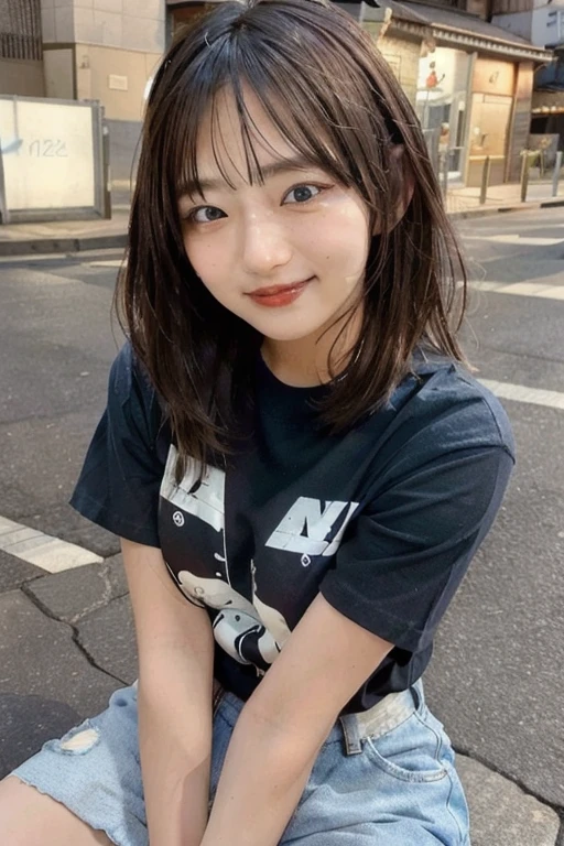 (skin blemish:0.8), (skindentation), black eye, 1woman, 25yo, (((woman))), solo, realistic, best quality, photorealistic, masterpiece, 8k, high res, solo, extremely detailed face, (professional lighting, bokeh), (light particles, lens flare, glowing particles:0.6), (dynamic pose:0.8), soft lighting, top angle view, fashionable and trendy atmosphere, Japan, tokyo, playground, street, city, shop, river, ((daytime)), sky, ((looking at the viewer:1)), (looking at the camera),(portrait:0.6), cowboy shot, gorgeous, sitting, hands down, keep original facial proportion, wide shoulder, full body, (medium breast), (long hair), brown hair, floating hair, lips, lipstick, seductive smile, floating hair, smile, open_mouth, teeth, T-shirt, round neck T shirt, shorts, jeans, eyelashes, mole, (mole under eye:1),