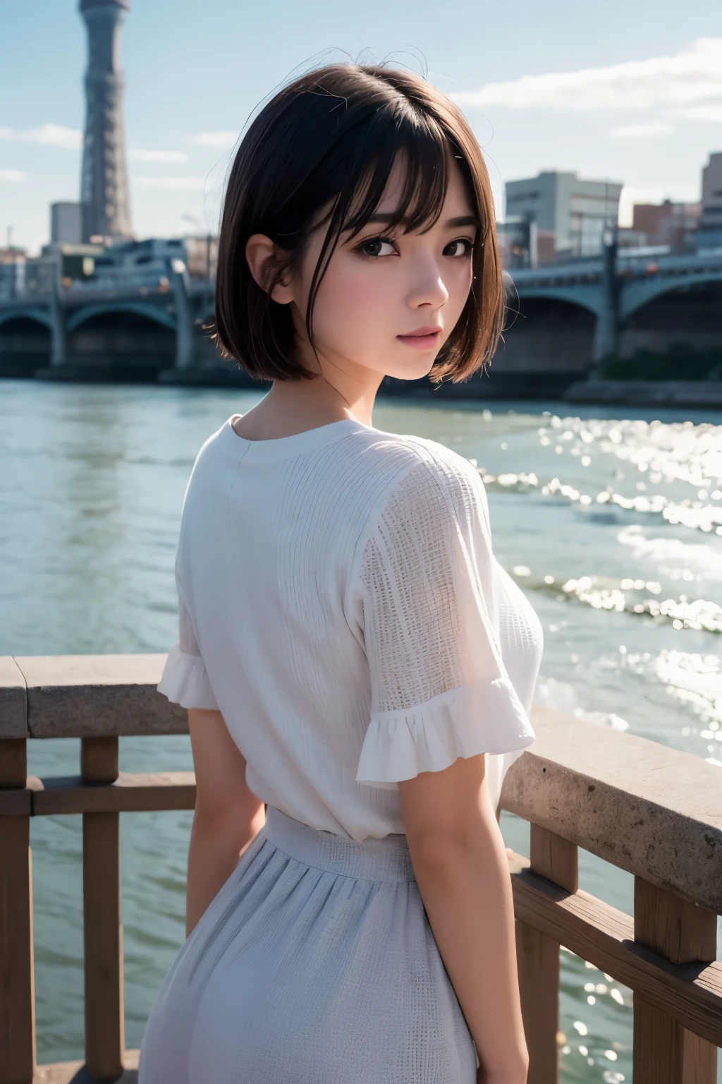 8k, RAW Photo, Best Quality, Masterpiece, Realistic, PhotoRealistic, Extremely Detailed 8k Wallpaper, Beautifully Detailed Eyes, Finely Detailed Face, 
 BREAK 
Cinematic Lighting, Rim Lighting, 
 BREAK 
1 Girl, 
(((s-bridge:1.8, t-skytree:1.8, s-river:1.8, bluesky:1.6, cloud:1.6))), 
Perfectly Anatomically Correct:1.0, 5 Beautiful Thin Finger:1.0, 
 BREAK 
1 Girl, 
Very Short Bob Hair:1.2, Symmetrical Clear Eyes:1.1, Captivating Eye Reflections:1.1, 
[[Kawaii, Japanese], Wide-Set Eyes, [Big Eyes], Almond-Shaped Eyes, tareme, (Double Eyelids), [Eye Bags], (White Skinned), Blush, Embarrassed, -Yeld, 
und Face), [Chiseled Face], Round Chin, Thin Lips, [Small Nose], [Oval-shaped Face], (Wet Hair), [Messy Hair], Open Mouse, [Pouted Cheek]], 
Clothing Random SHIMAMURA Tops + Bottoms, 
Looking Back Viewer, 
 BREAK 
SFW:1.0, 
 BREAK 
Low Angle:1.2, bokeh:1.2