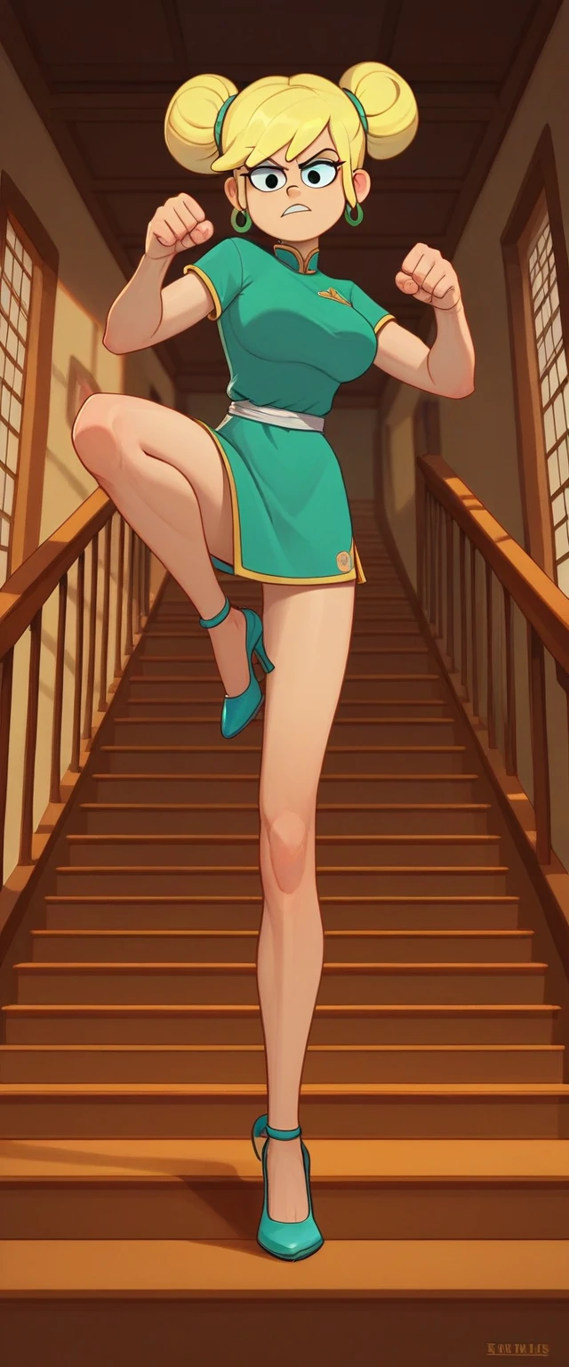 leni loud, 1girl, solo, 24yo girl, large breasts, green cheongsam,  inside of a chinese temple, looking at viewer, blonde hair, two hair buns , hands  score_9, score_8_up, score_7_up, high heels, teep fighting stance,martial arts, stairs behind her, guarding the stairs