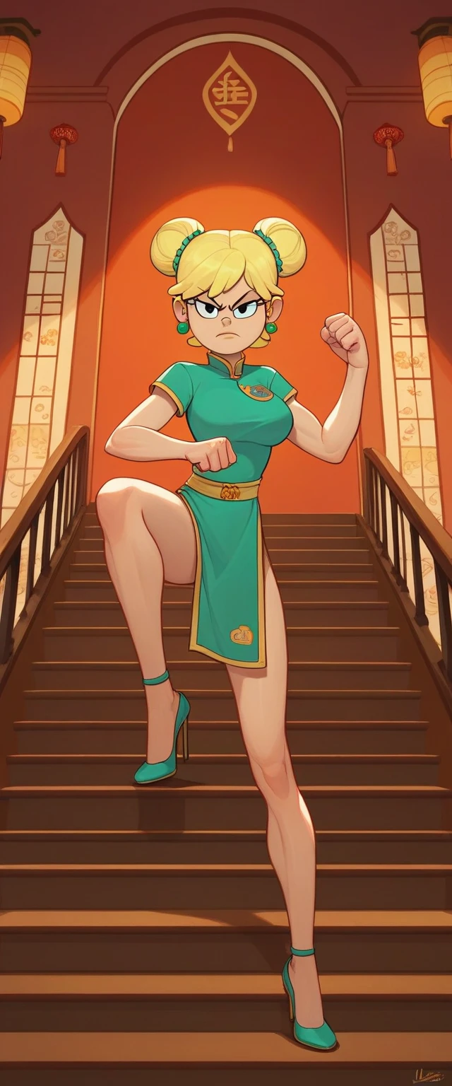 leni loud, 1girl, solo, 24yo girl, large breasts, green cheongsam,  inside of a chinese temple, looking at viewer, blonde hair, two hair buns , hands  score_9, score_8_up, score_7_up, high heels, teep fighting stance,martial arts, stairs behind her, guarding the stairs