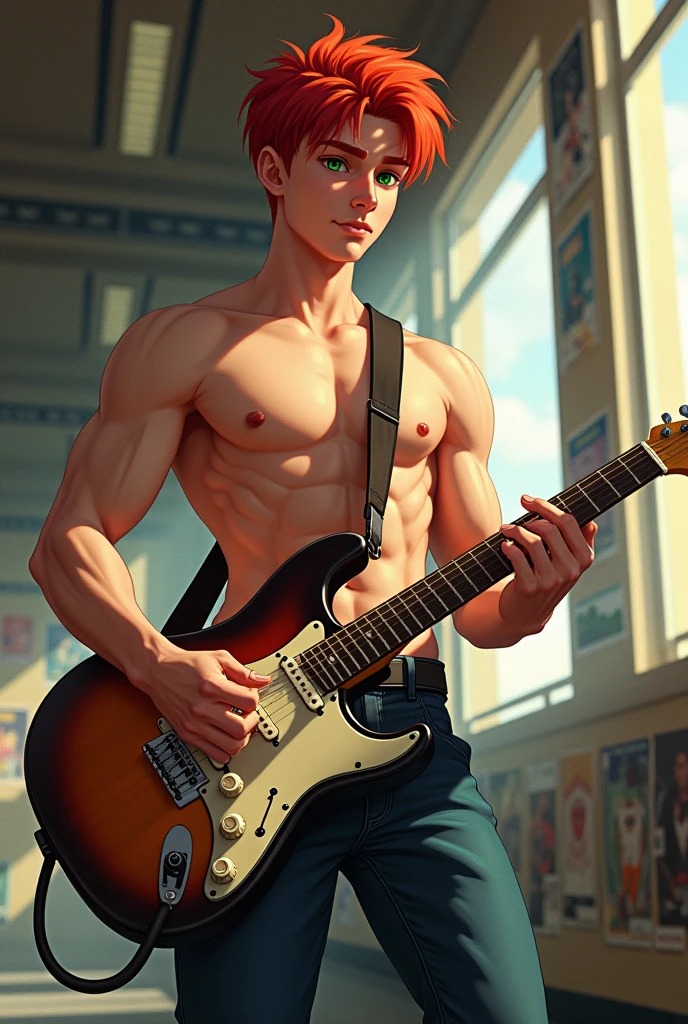 A boy with apple red hair and green eyes who likes to play music, He's and goes to North Black Panther High School, he's very independent and intelligent, very masculine, and has a very defined body, and he is very white, he has big arms and a very worked abdomen, he is 1.92, He likes rock and his skin is very light colored.