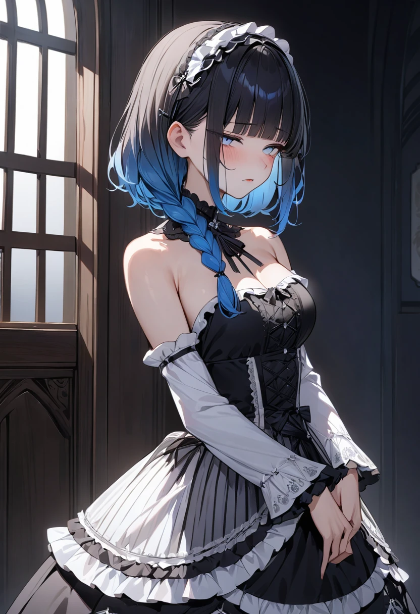 (masterpiece, top quality, very aesthetic, 4k、illustration), intricate detail, 1woman,solo,contrapposto 、from side、(gradient eyes、tareme)、Strong glowing eyes、blunt bangs,Fair skin,(cowboy shot)、half closed eyes、cold face、Cold Stare、(Blue lipstick),beautiful face、Blushing,(gradient hair)、single braid、multicolored hair,middle hair,sidelock ,blue eyes、Shoulderless gothic lolita dress、medium breasts、slender 、