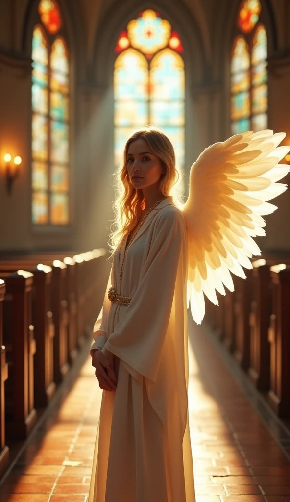 highres,4K,HDR,beautiful female angel, , photorealistic, realistic,sweat skin, thin face,standing,(((half body))), small breasts, in chapel