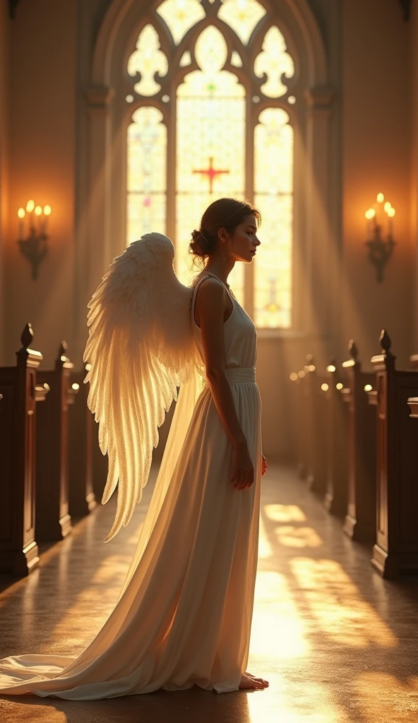 highres,4K,HDR,beautiful female angel, , photorealistic, realistic,sweat skin, thin face,standing,(((half body))), small breasts, in chapel