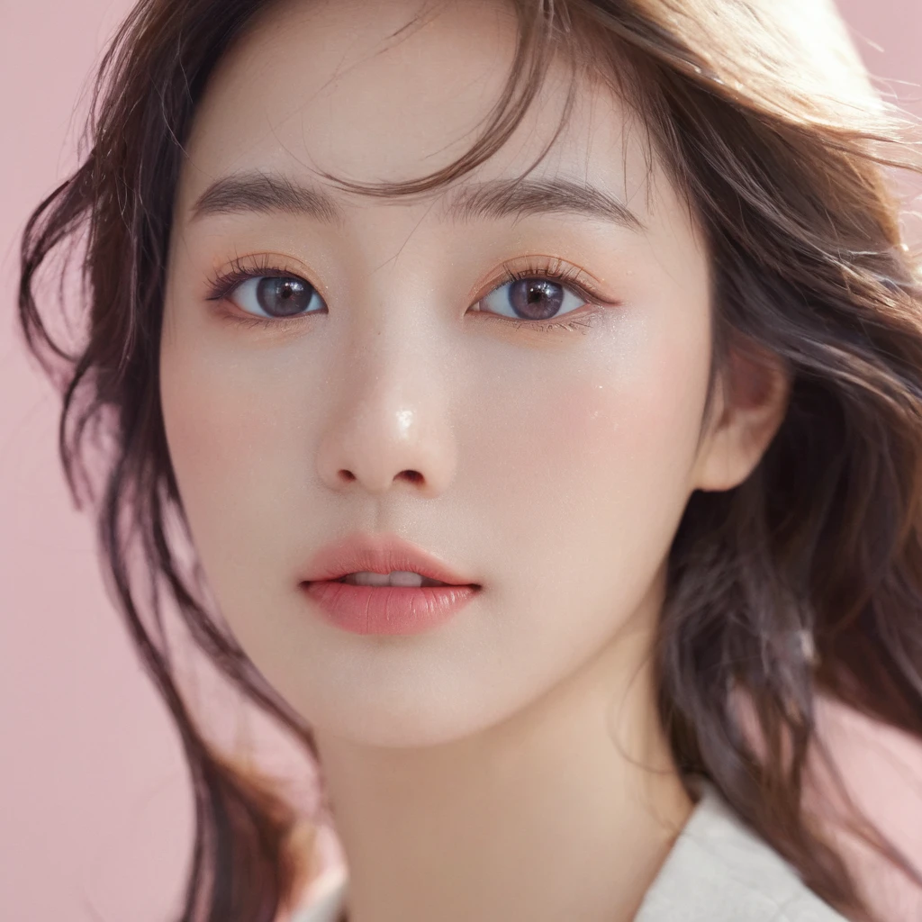 An extraordinarily detailed close-up portrait on the lerft edge of canvas image of korean girl k-pop idol, wide canvas image, Her face is adorned with detailed skin, natural make up realistic, while her long colorfull hair style., high contrast, upscale sharpness:1.4, soft pink background, unreal engine, The background features a soft contrasting with her, This captivating image was expertly captured with a Fujifilm XT-10 camera, delivering an ultra-high 8K resolution for breathtaking detail. The hyper-realistic photo exhibits the skill of award-winning photography. Natural soft make up, Wet and glossy make up realistic:1.4, Photorealsitic)、(intricate detailes:1.2)、(masterpiece、:1.3)、beauty face, (top-quality:1.4)、(超A high resolution:1.2)、超A high resolution、(A detailed eye), ((Realistic lighting、top-quality、8K、natural light, masterpiece:1.3))、bright photo, Clear focus:1.2、1girl in、flawless beauty:1.4、Superfine Face、big Narrow-eyed、double eyelid、photos realistic, looking viewer, front view, potrait, raw photo, simple soft pink background, (Highest quality:1.3), (sharp focus:1.5), (photorealistic:1.4), (detailed face), cinematic colorgrading film, dramatic scenes, photography, RAW, Masterpiece, ultra wide angle, Ultra Fine Photo, Best Quality, Ultra High Resolution, Photorealistic, volumetric light, Stunningly Beautiful, Delicate Face, Vibrant Eyes, RAW photo, natural make-up, photo position on the left edge, ultra soft detailed contrast