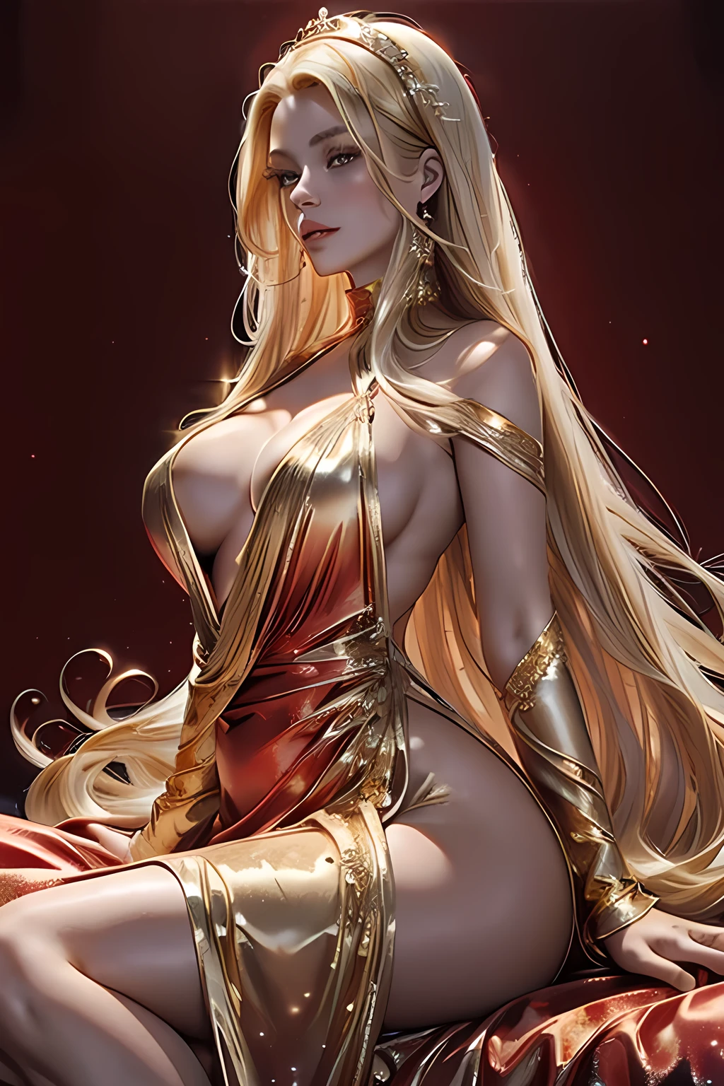 (masterpiece, best quality, ultra-detailed:1.2), 1girl, perfect curves, (g0ld3mb, gold:1.1), (glimmering galaxy dress:1.1), long straight blonde hair, laced hair, wrapped in white silk, (red background:1.2), riding a wolf  