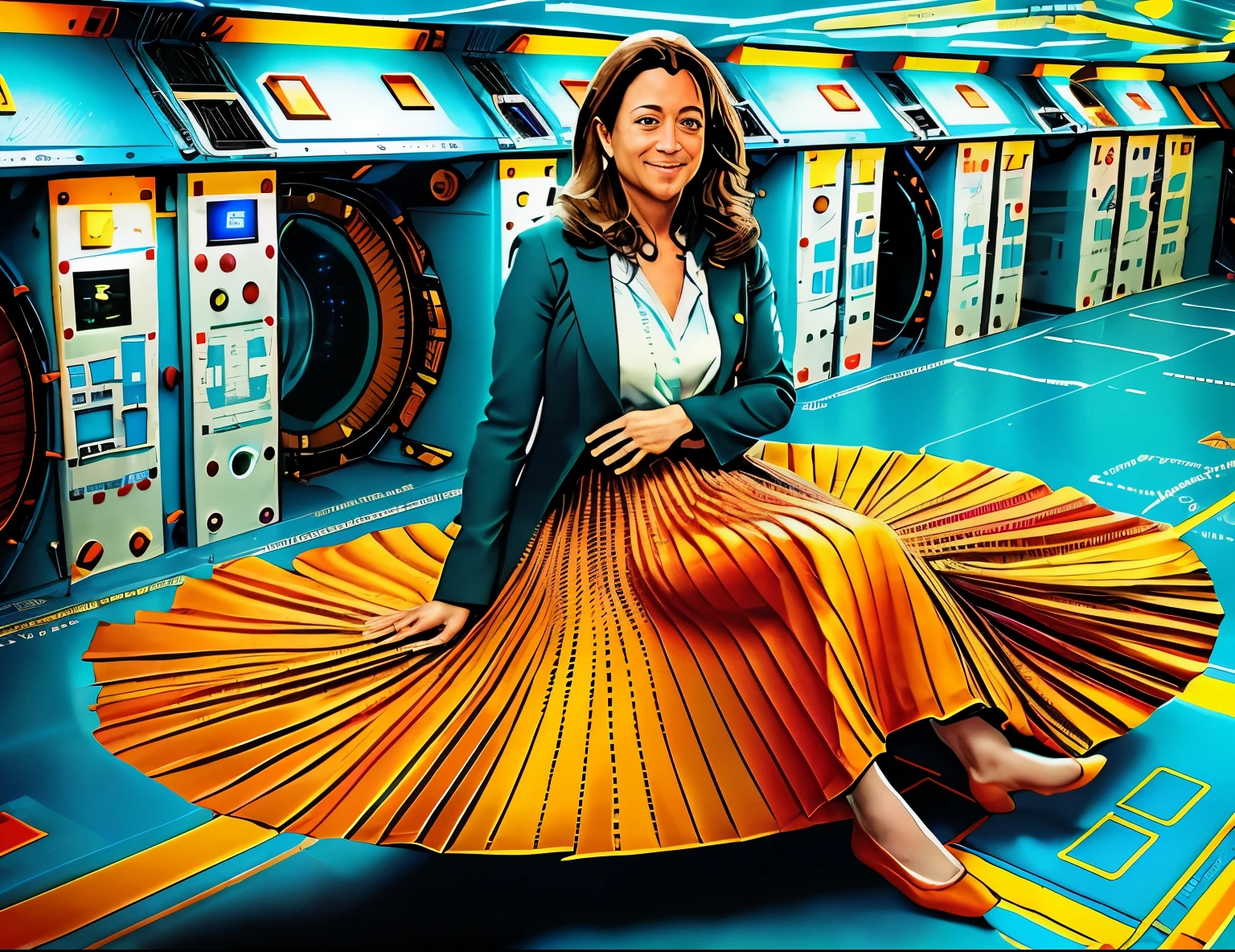85mm photograph of a Shy, Compassionate, kind, empathic, happy, long haired, beautiful and attractive woman, Sapphic Space Lesbian Kamala Harris is fixing spaceships, lifting skirts, exploring space, investigating anomalies, doing scientific R&D, attending council meetings, conducting espionage, conducting archeological excavations, investigating astral rifts, wearing her (long pleated full circle skirt), uniform jacket and (woman's low heel office shoes), (pronounced (feminine) features), (very windy), skirt is flowing wildly in the wind, lesbian space station, sci-fi, skirts in space, loves women wearing skirts, wants to kiss girls, adores skirts, women wearing skirts, empathy, compassion, romance and love, (pronounced (girly) features), (highly detailed ultra accurate realistic) hands and fingers, (windy), epic composition, highly detailed attributes, (35mm f1.4 Kodak portra 400 photograph), extremely high quality RAW photograph, highly detailed atmosphere, sci-fi, cinematic shot, dynamic lighting, 75mm, Technicolor, Panavision, cinemascope, sharp focus, fine details, 8k, HDR, realism, realistic, key visual, film still, superb cinematic color grading, depth of field 