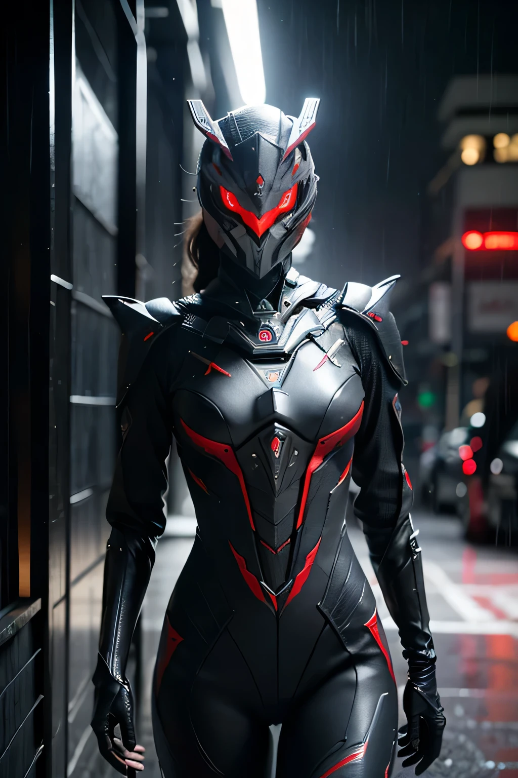 1 japanese girl, WARFRAME, intricate pattern, heavy metal, energy lines, faceless, glowing eyes, elegant, intense, blood red and black uniform, solo, modern, city, streets, dark clouds, thunderstorm, heavy rain,, dramatic lighting,, (masterpiece:1.2), best quality, high resolution, beautiful detailed, extremely detailed, perfect lighting,