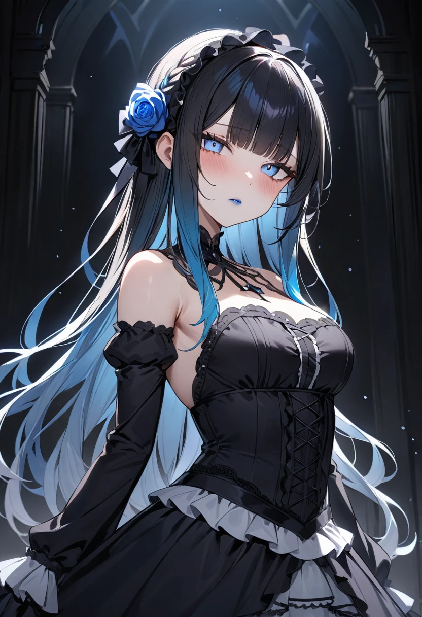 (masterpiece, top quality, very aesthetic, 4k、illustration), intricate detail, 1woman,solo,contrapposto 、from side、(gradient eyes、tareme)、Strong glowing eyes、blunt bangs,Fair skin,(cowboy shot)、half closed eyes、cold face、Cold Stare、(Blue lipstick),beautiful face、Blushing,(gradient hair)、single braid、multicolored hair,middle hair,sidelock ,blue eyes、Shoulderless gothic lolita dress、medium breasts、slender 、