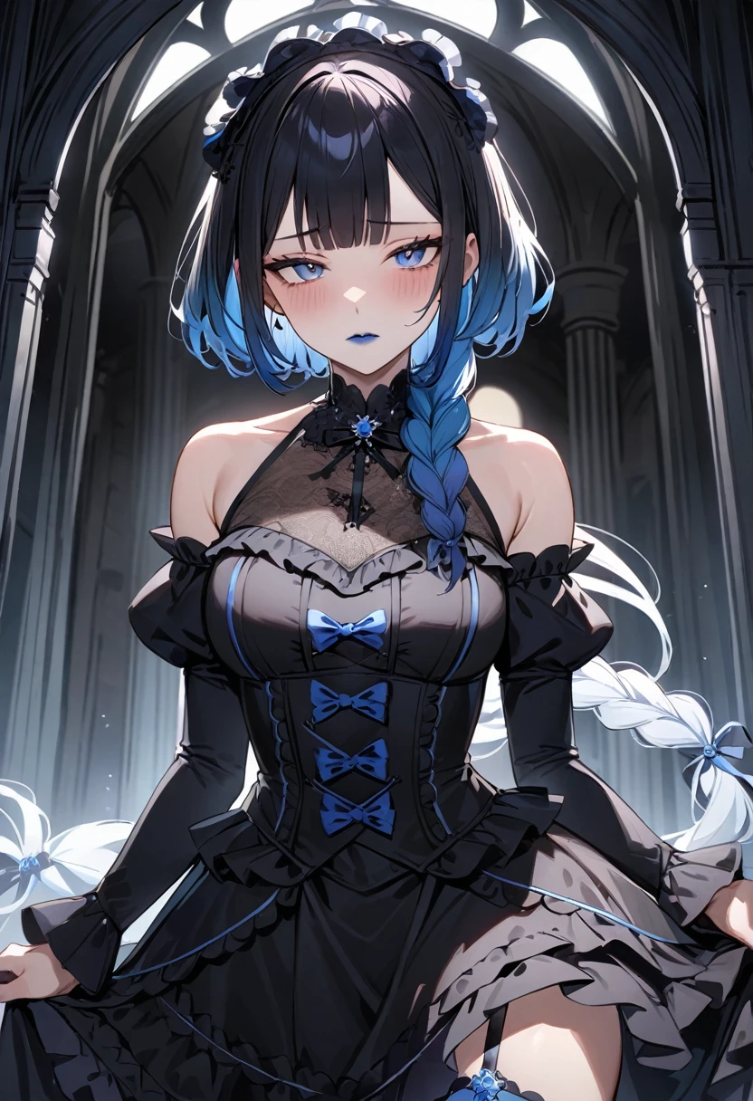 (masterpiece, top quality, very aesthetic, 4k、illustration), intricate detail, 1woman,solo,contrapposto 、from side、(gradient eyes、tareme)、Strong glowing eyes、blunt bangs,Fair skin,(cowboy shot)、half closed eyes、cold face、Cold Stare、(Blue lipstick),beautiful face、Blushing,(gradient hair)、single braid、multicolored hair,middle hair,sidelock ,blue eyes、Shoulderless gothic lolita dress、medium breasts、slender 、