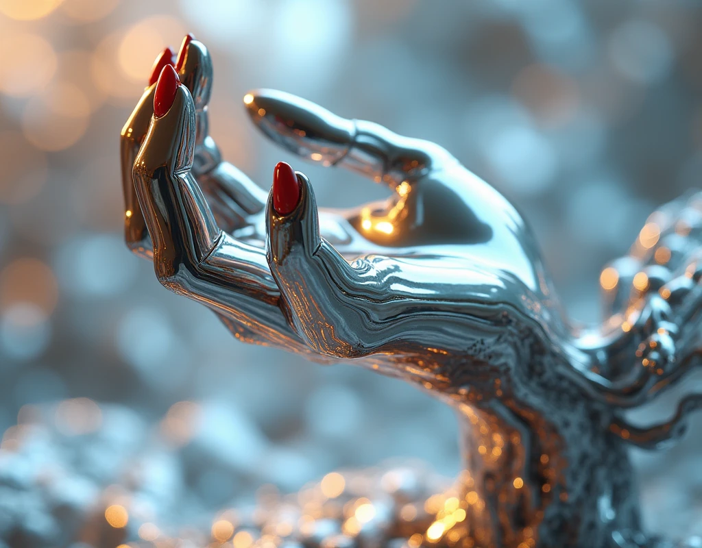 Liquid metal art, a feminine hand, manicured hand, dynamic position, red fingernails