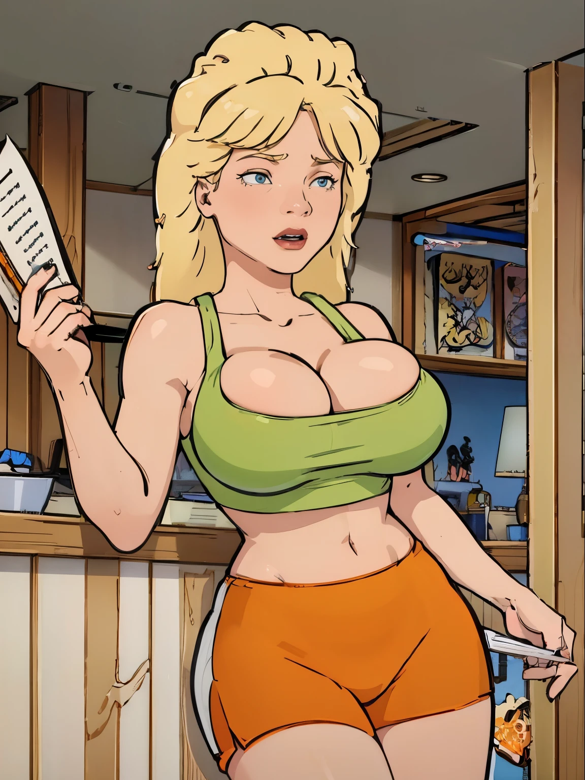 Luanne platter, blonde hair, detailed eyes, large breasts, slim body, thin legs, Gorgeous and sultry busty athletic (thin) with sharp facial features and wearing a (Hooters uniform), thin fabric white tank top, "Hooters", orange minishorts, notepad, restaurant, detailed nipples,