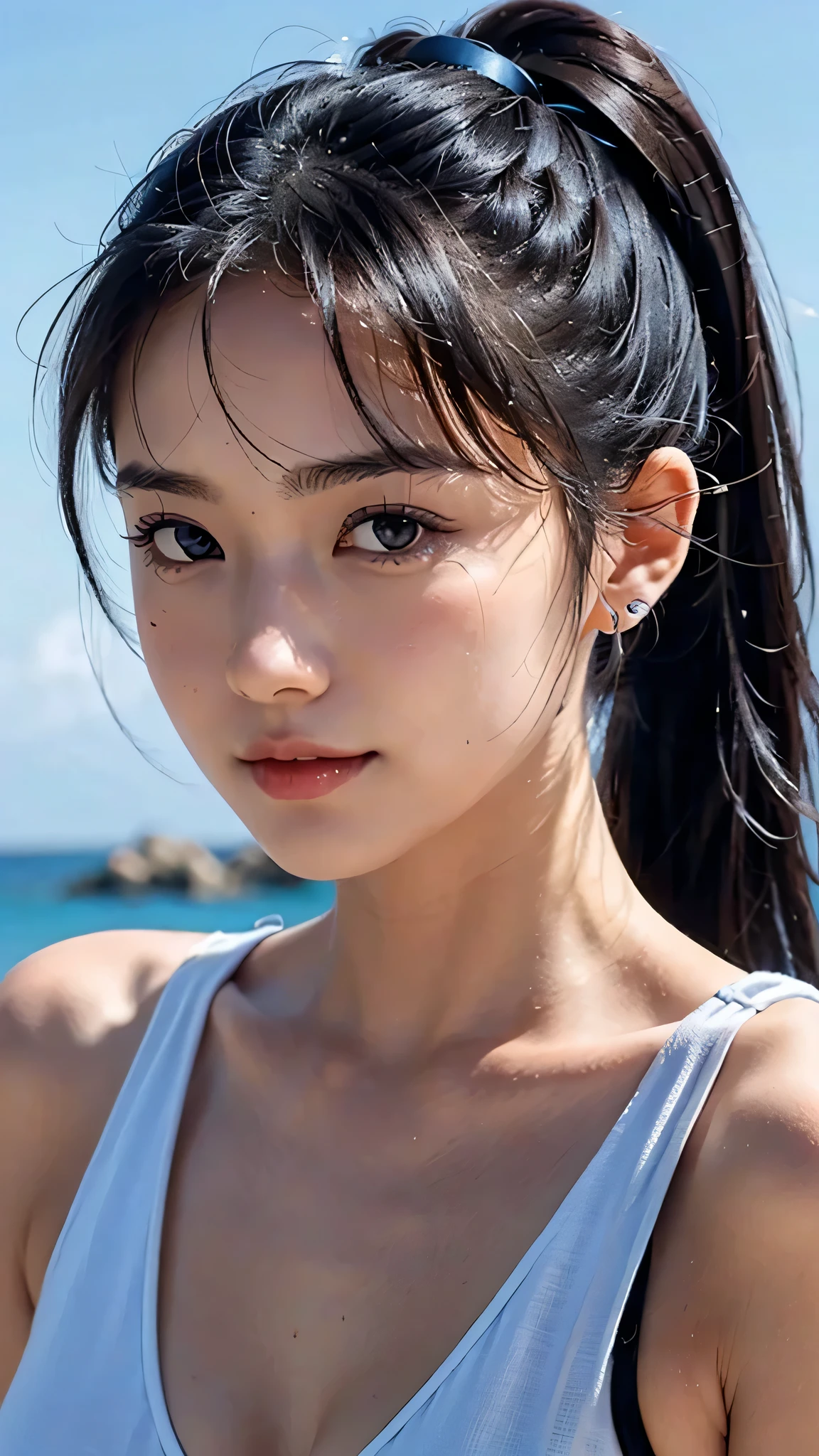 body shot,micro bikini,outdoor,beach,Body in front,masutepiece, The highest image quality, High quality, the background is clear,Beautiful woman, Japanese, Detailed, Ultra-detailed, finely detail, hight resolution, 8K Wallpaper, Perfect dynamic composition, Beautiful detailed eyes ,Detailed eyes, Detailed skin, Beautiful skin, 超hight resolution, (reality: 1.4),Very beautiful woman, Slightly younger face, Beautiful skin, slender, (Ultra photo realsisim), (hight resolution), (8K), (Very detailed) (beautifully detailed eyes), (super detailed), (Detailed face), view the viewer, Fine details, Detailed face, Staring straight ahead, Staring straight ahead, photos realistic, Bright lighting, Professional Lighting, Black hair,poneyTail,a baby face,sixteen years old,Hairstyle: ponytail,Long ponytail hairstyle,slight smile,